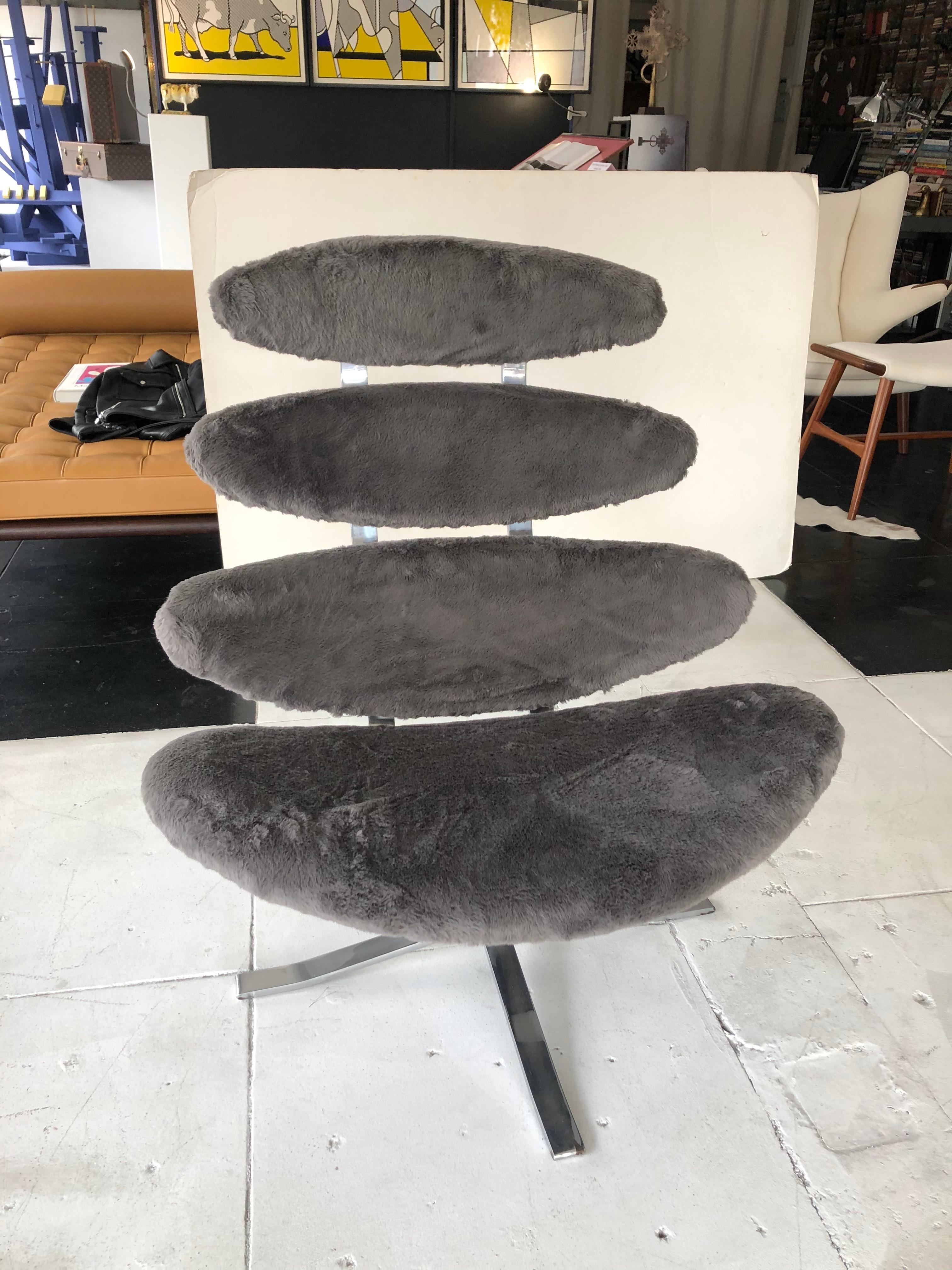 Beautiful EJ5 Corona chair by Poul Volther for Erik Jorgensen. Upholstered in charcoal color shearling fabric, Denmark, 1960s.
