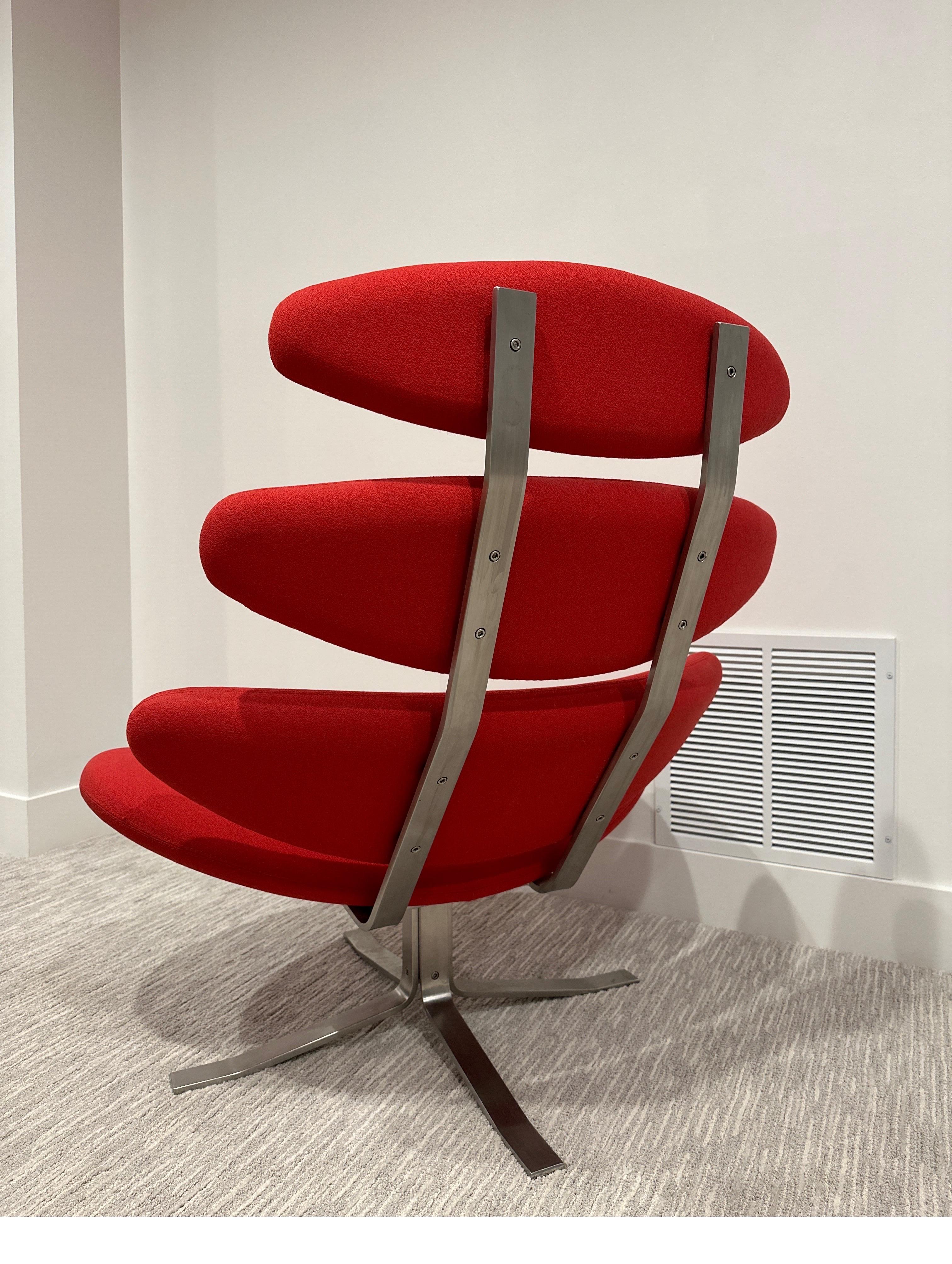 Danish Poul Volther Corona Red Lounge Swivel Chrome Chair and Ottoman Erik Jorgensen For Sale