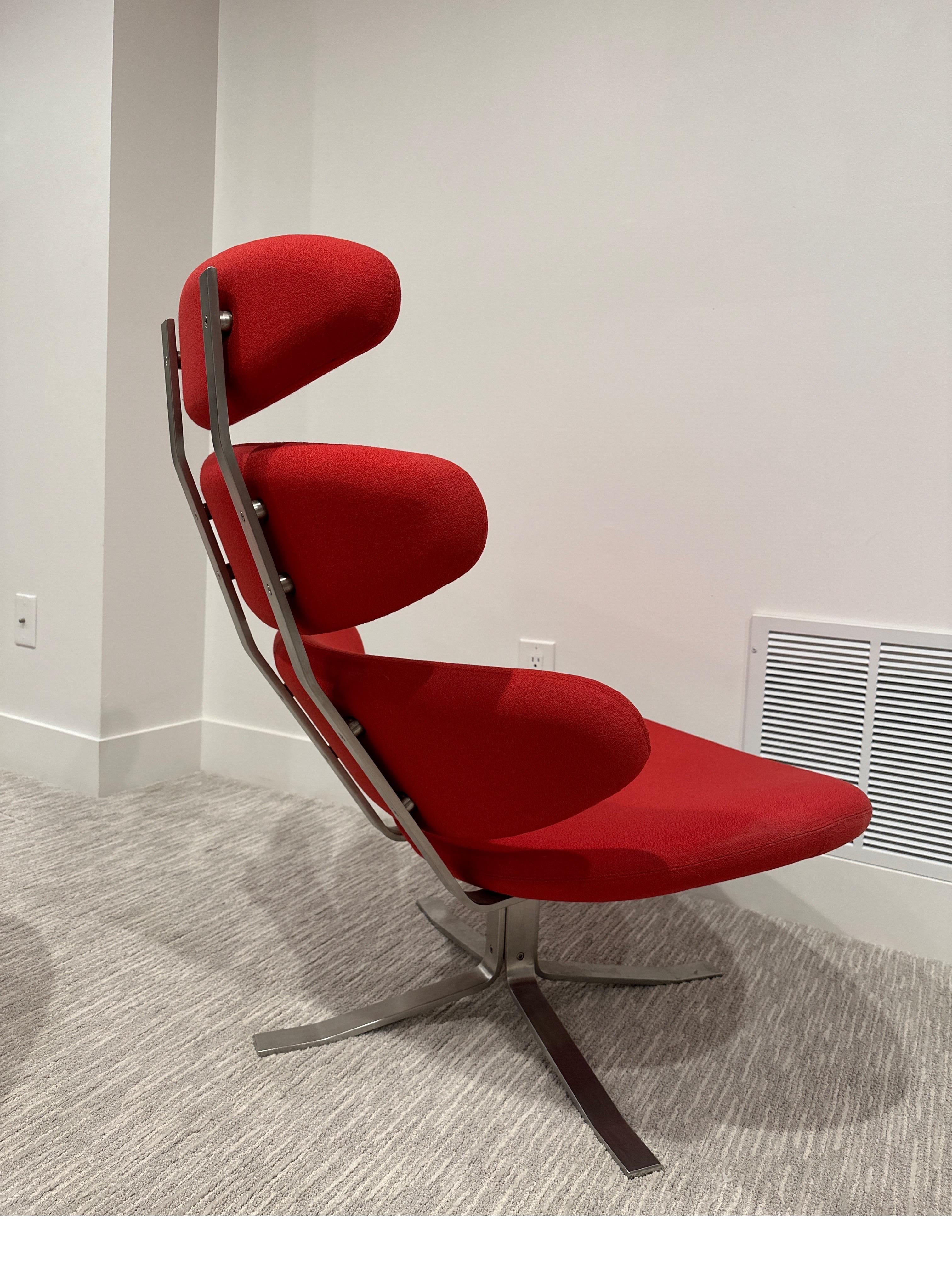 Poul Volther Corona Red Lounge Swivel Chrome Chair and Ottoman Erik Jorgensen In Good Condition For Sale In Philadelphia, PA