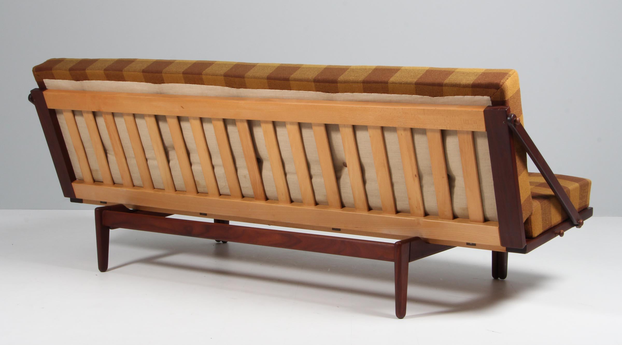 Very nice sophisticated daybed sofa Model 981 designed by Poul M Volther and manufactured by Frem Røjle, Denmark, 1959. This sofa is called 'Diva' and has a solid teak structure which can be folded down to create a daybed. Multi functional sofa. The