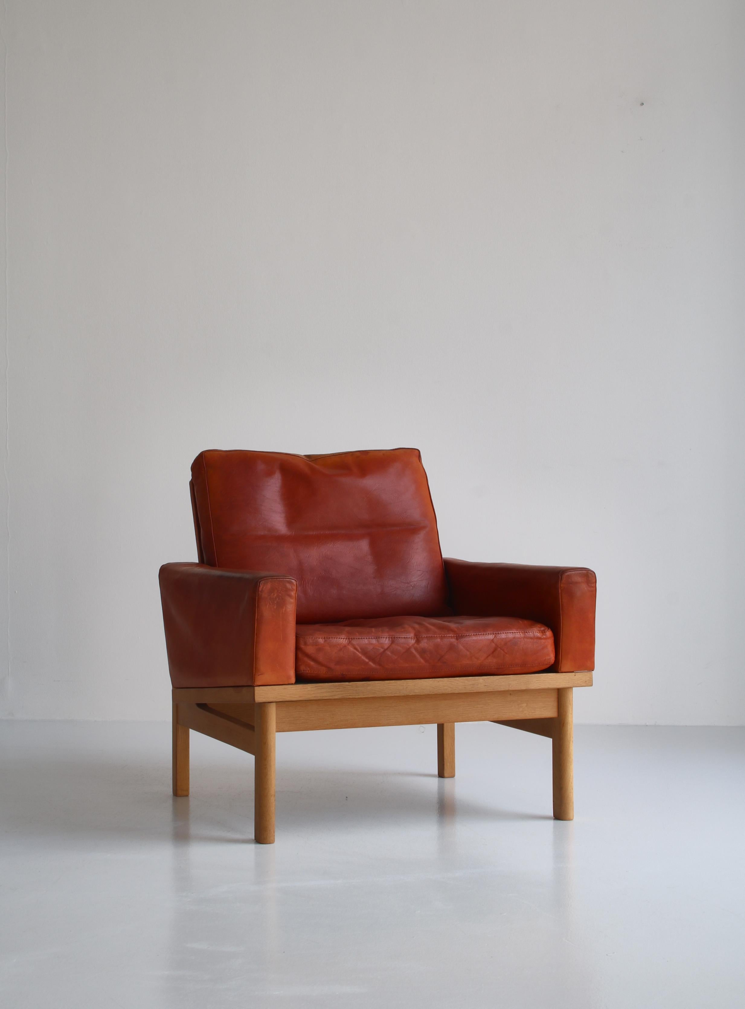 Scandinavian Modern Poul Volther Easy Chair in Oak & Patinated Natural Leather Erik Jørgensen, 1961
