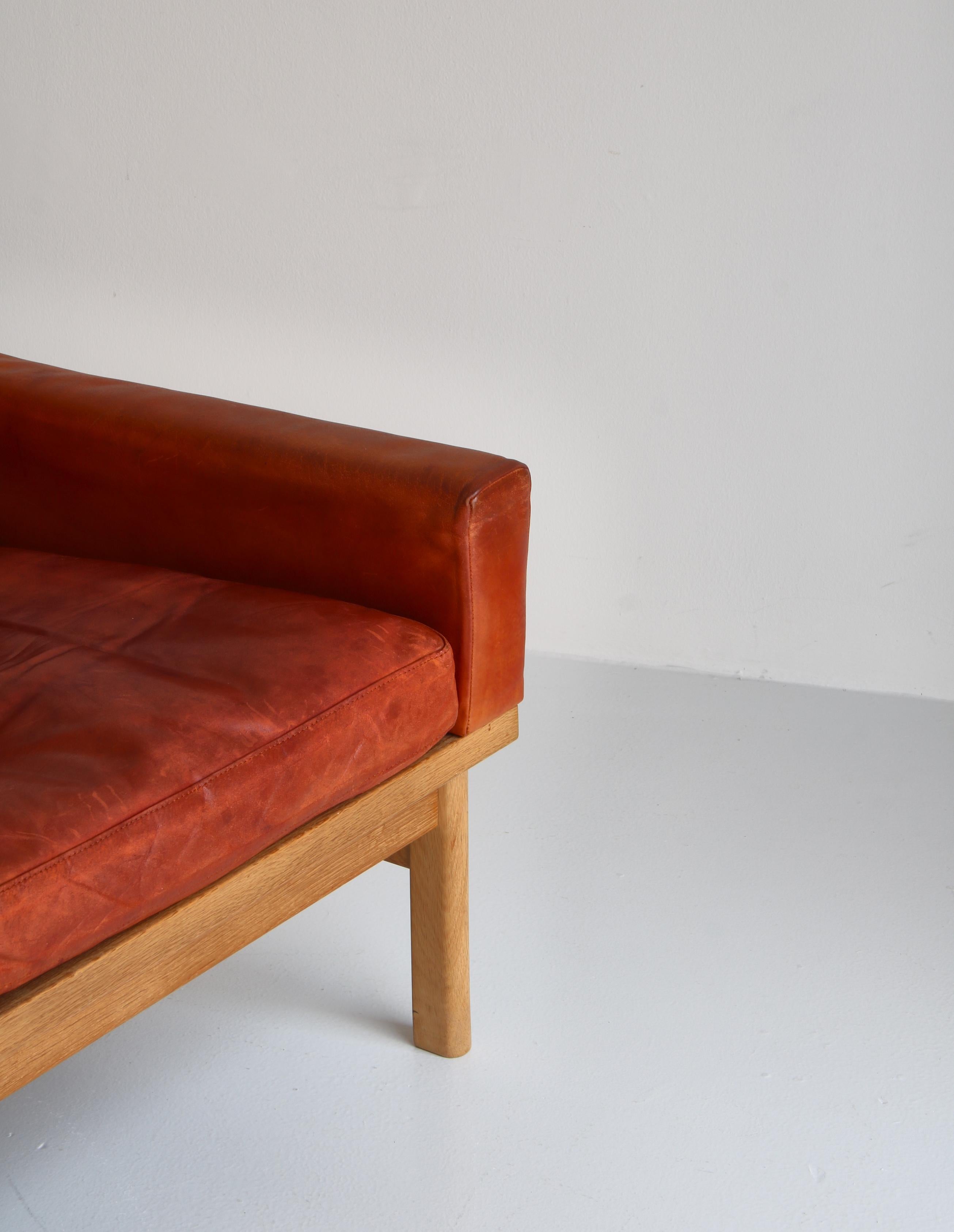 Poul Volther Easy Chair in Oak & Patinated Natural Leather Erik Jørgensen, 1961 In Fair Condition In Odense, DK