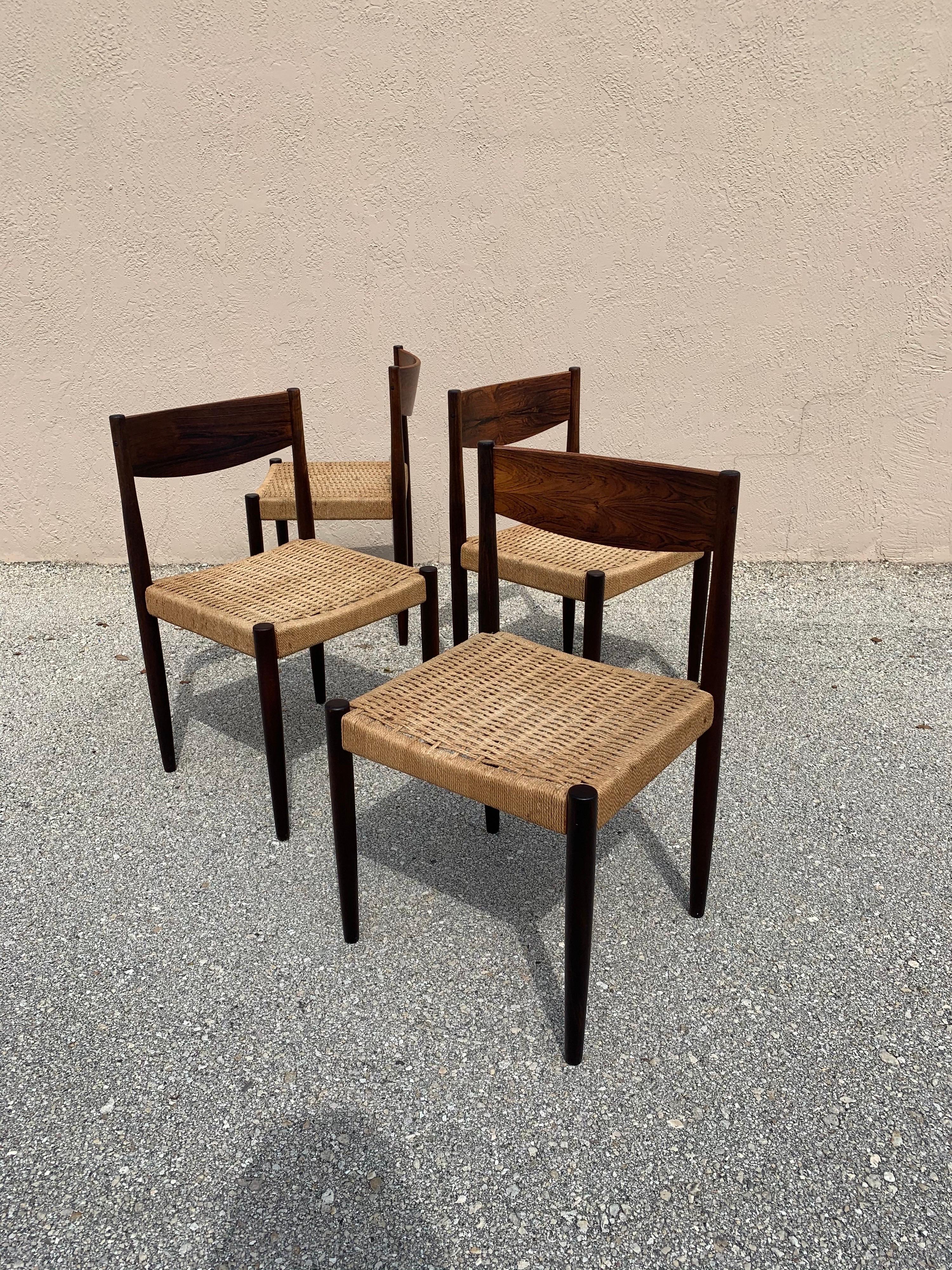 Gorgeous set of dining chairs designed by Poul Volther for Frem Rojle. In rosewood and Danish cord. Refinished from their originally dark finish to reveal more of the natural wood grain. Legs have a slight ombré with a lighter top gradually getting