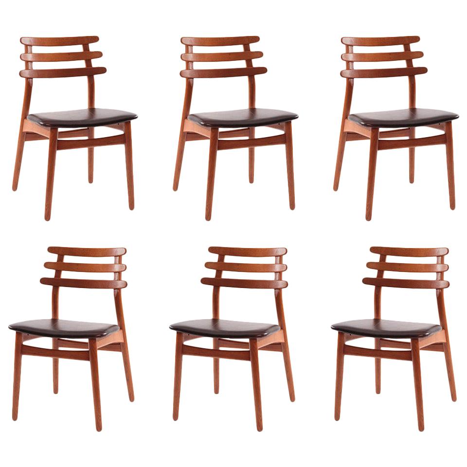 Poul Volther 1950s Oak and Black Leather Dining Chairs, Set of 6
