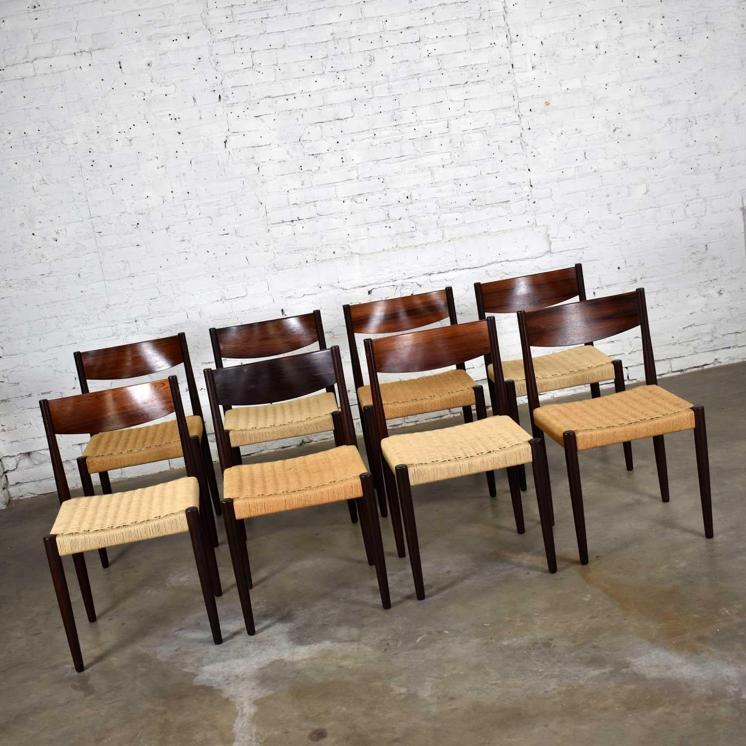 Danish Poul Volther Scandinavian Modern Rosewood Paper Cord Dining Chairs by Frem Røjle