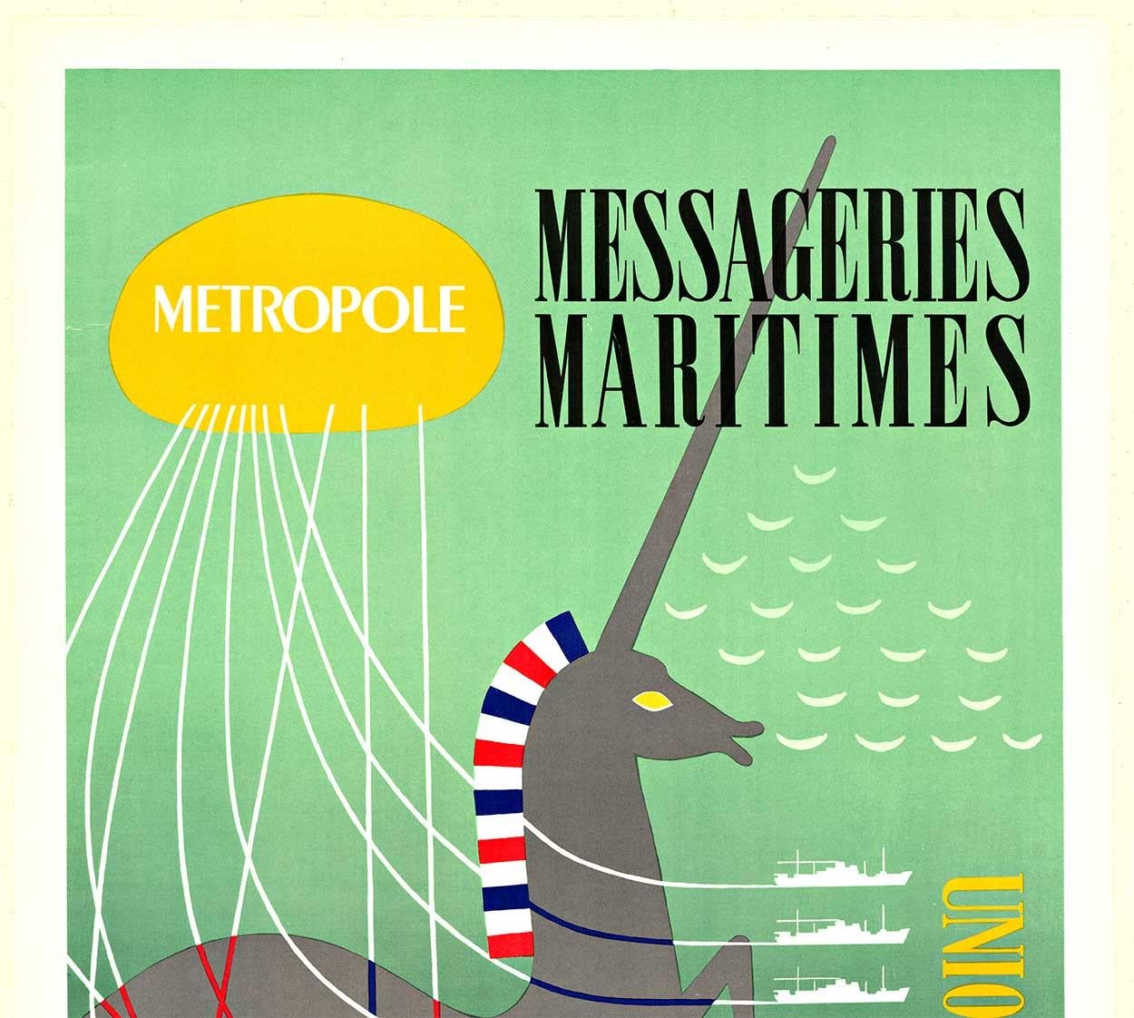 Affiche de voyage vintage originale Metropole Messageries Maritimes Union Francaise - Print de Poulain