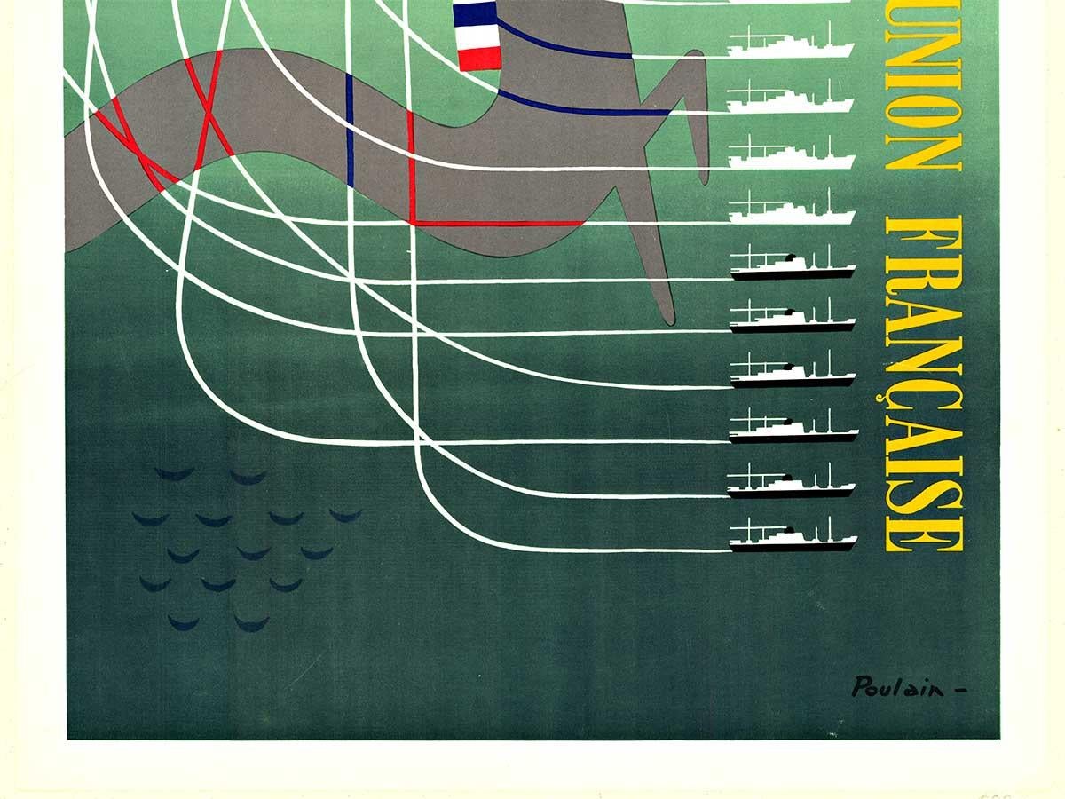 Affiche de voyage vintage originale Metropole Messageries Maritimes Union Francaise - Art déco Print par Poulain