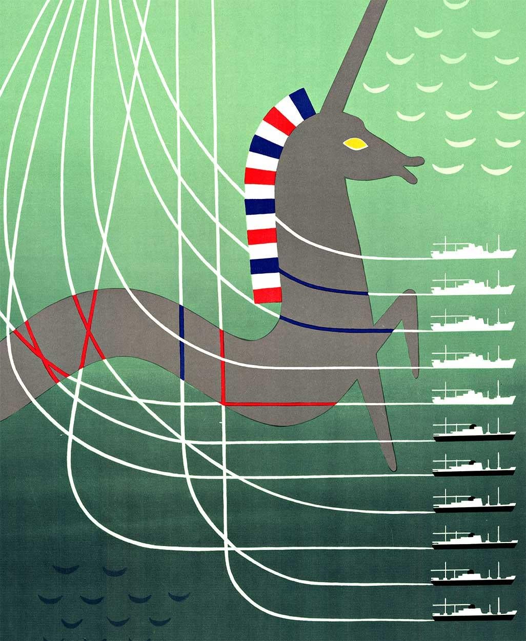 Affiche de voyage originale, ancienne lithographie française : Métropole Messageries Maritimes Union Française.     Artiste :  Poulain.      Cette créature marine de type licorne est entrelacée entre les trajectoires des 11 navires de croisière.  