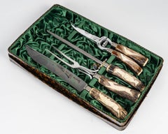 Poultry Carving Set, Silver Plated Metal and Carved Wooden Handle.