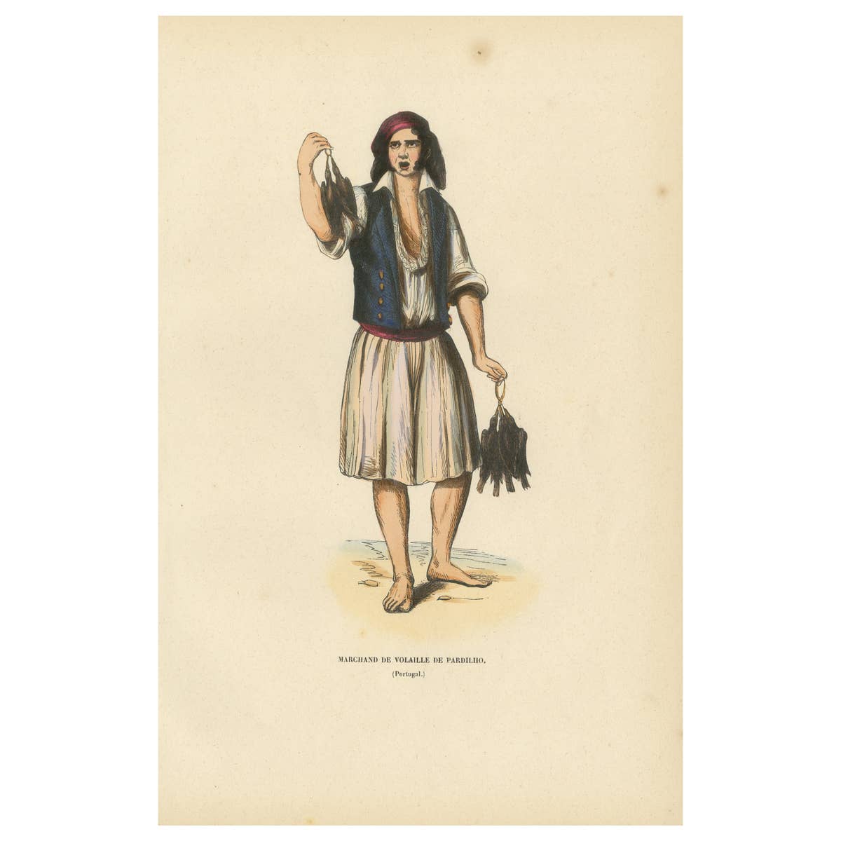 Poultry Seller of Pardilho, Portugal – Hand-Colored Lithograph, c.1845