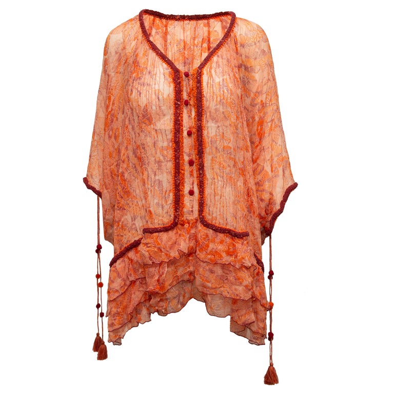 Poupette St Barth Orange and Red Silk Ruffle-Trimmed Cover-Up For Sale ...