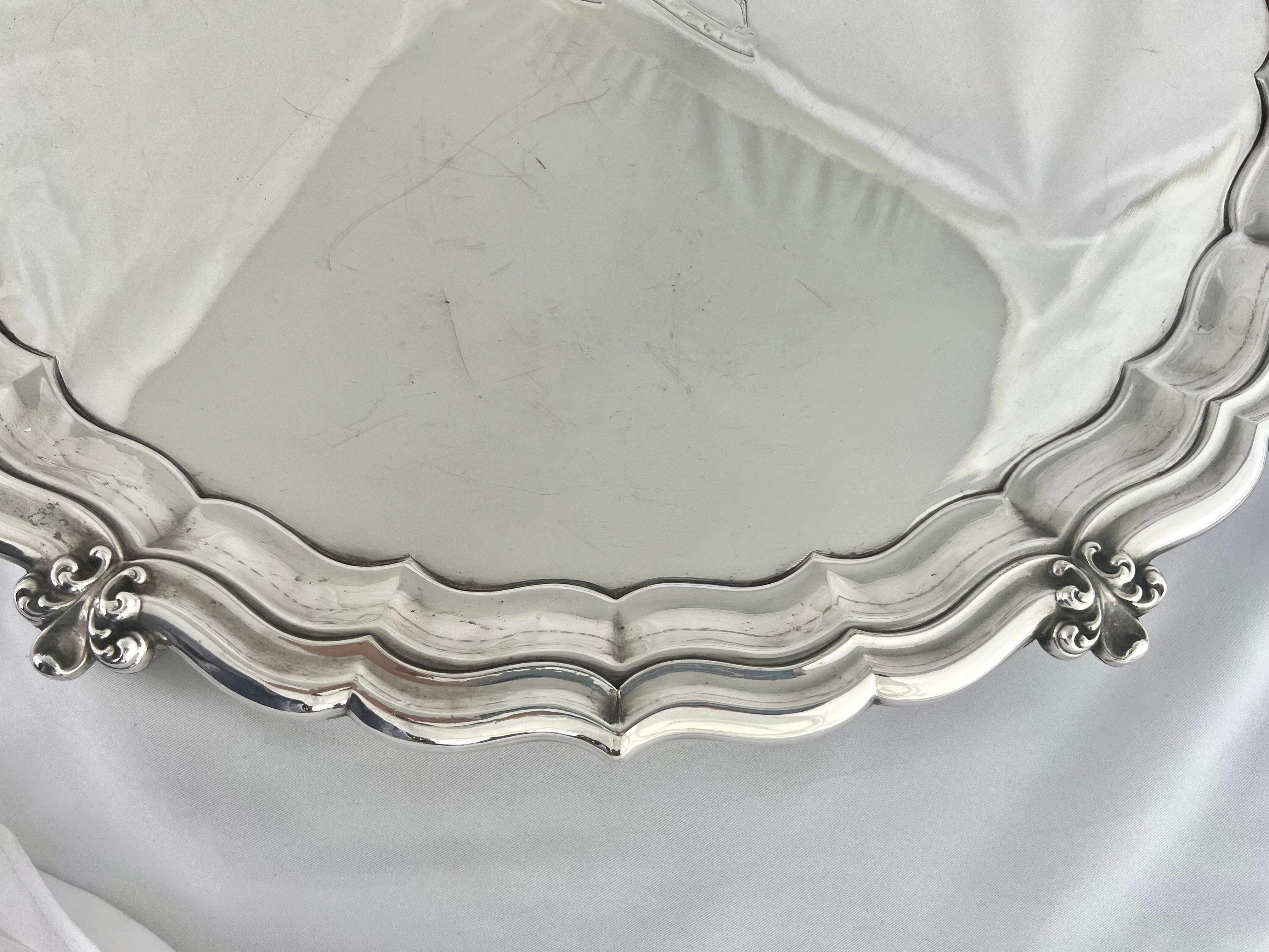 Silver Plate Pour Le Bain-English Silver Footed Tray w/ Etched Shield For Sale