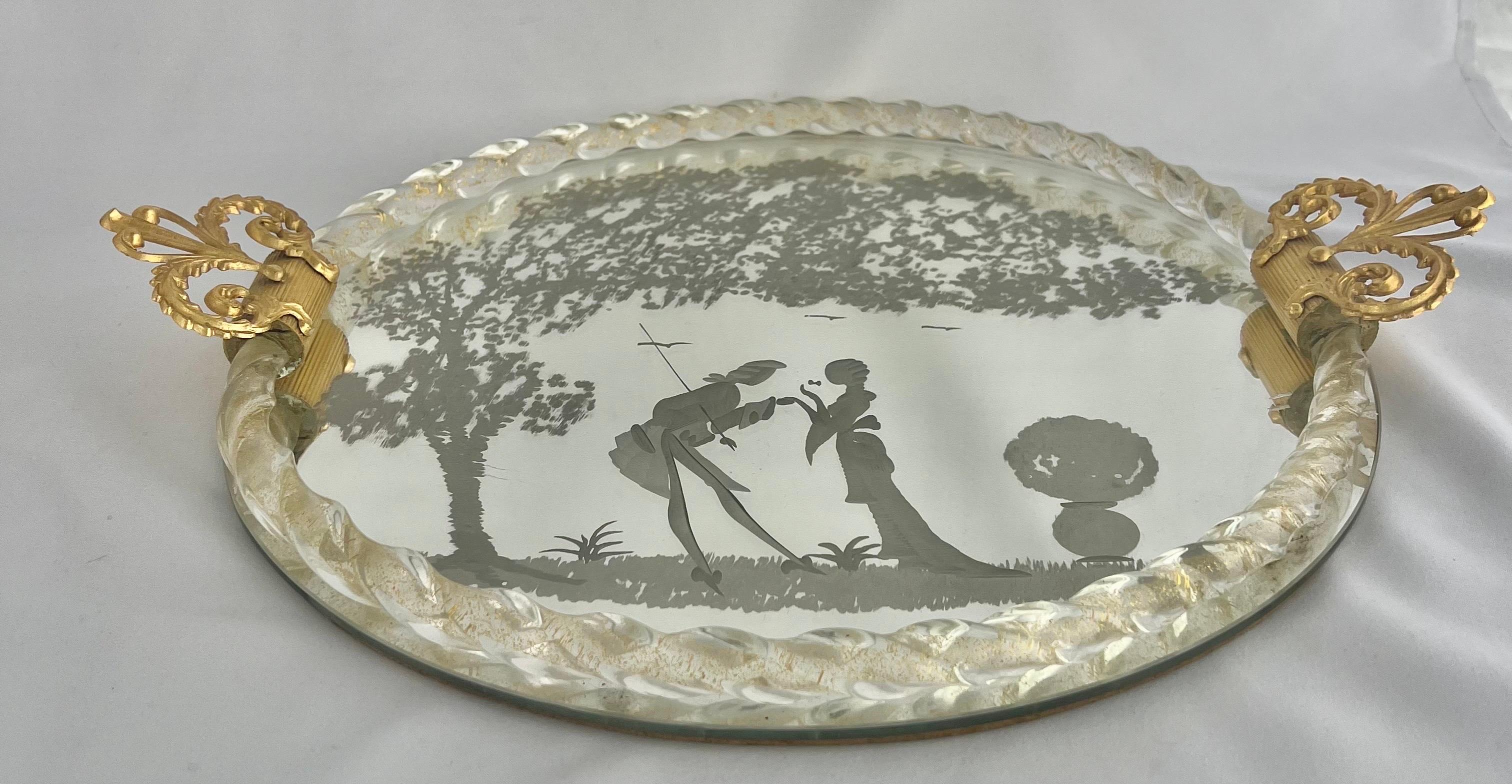 Pour Le Bain-Murano Bandeja veneciana con espejo grabado mediados del siglo XX en venta