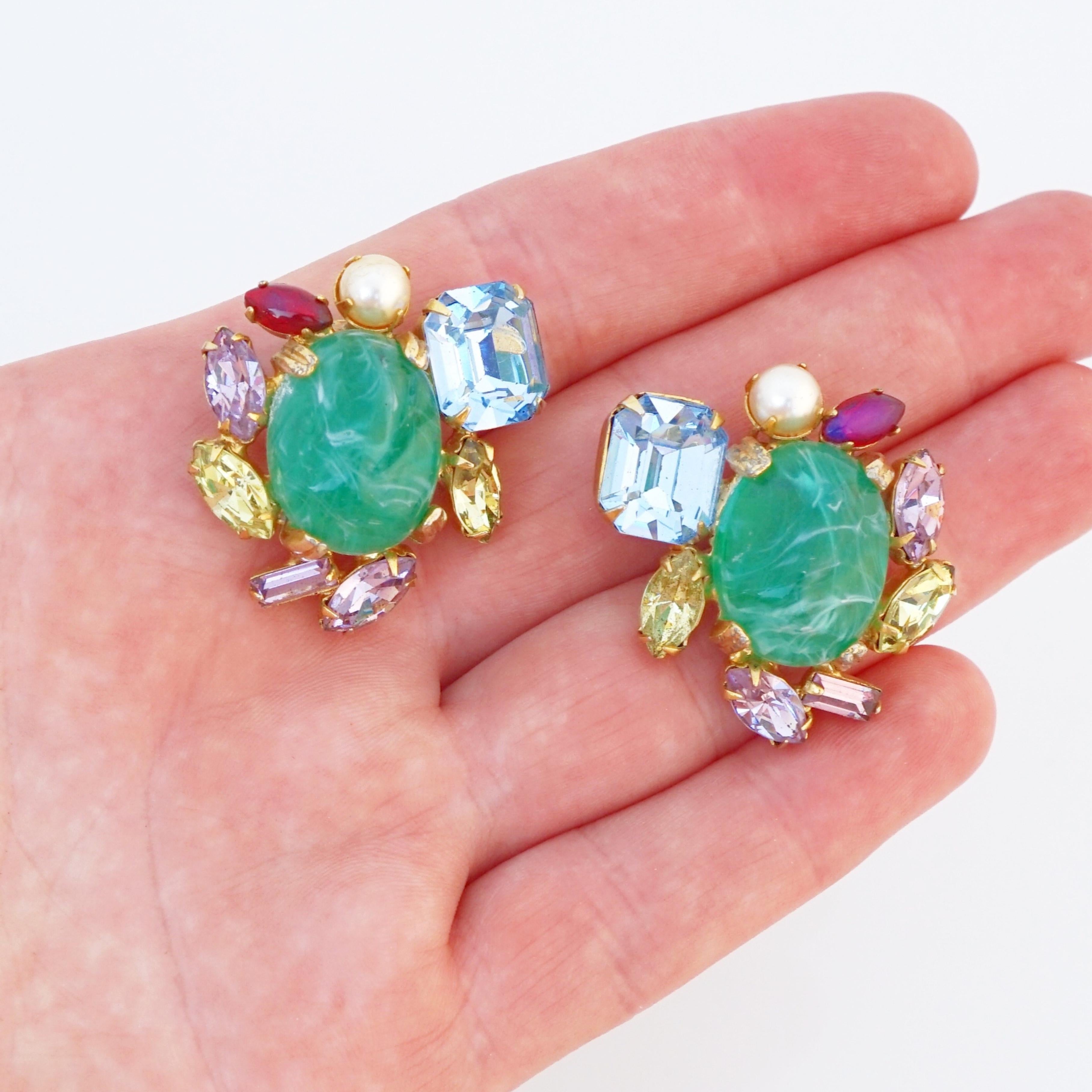 Poured Glass Cluster Earrings With Rhinestones By Alice Caviness, 1960s In Good Condition In McKinney, TX