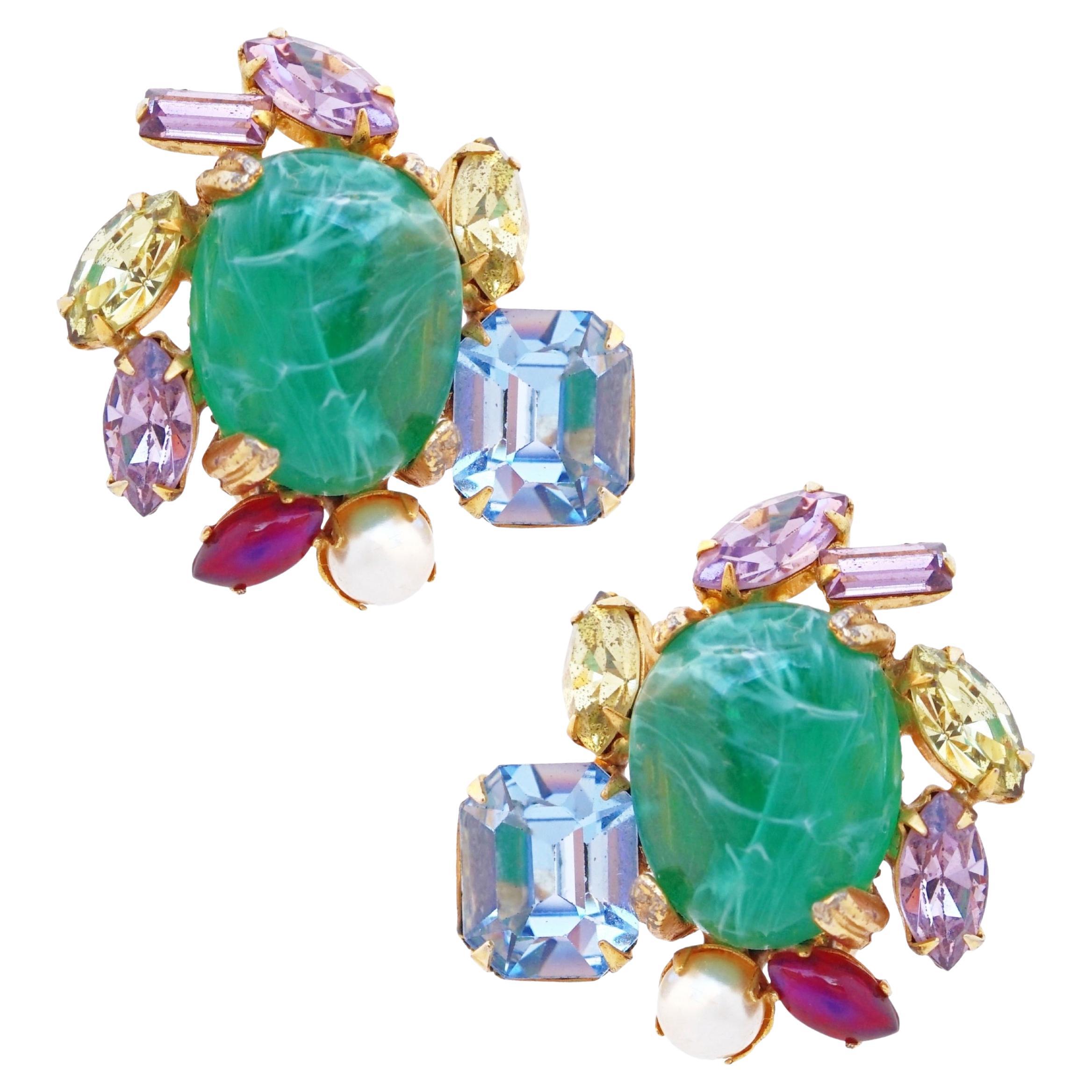 Poured Glass Cluster Earrings With Rhinestones By Alice Caviness, 1960s