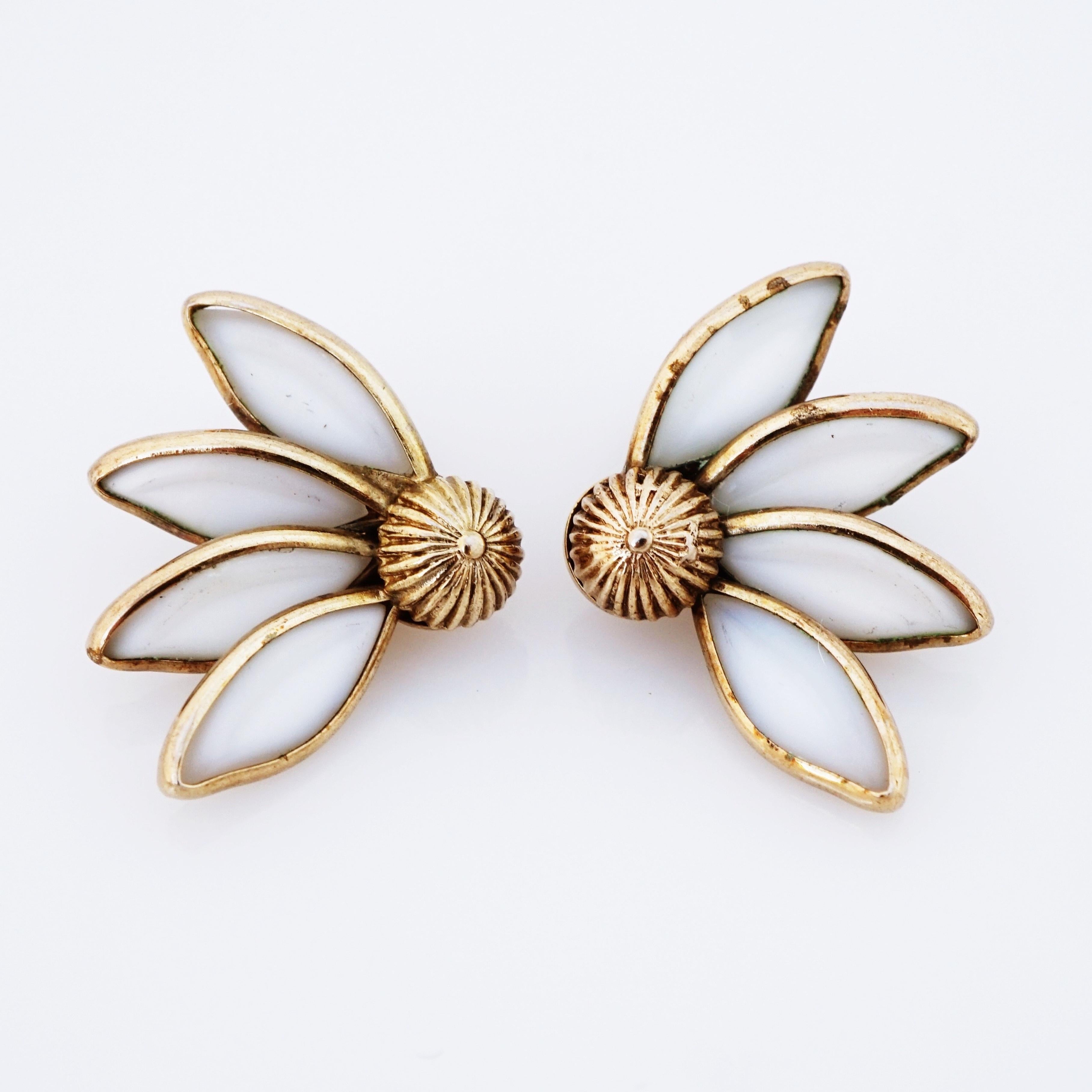 Modern Poured Milk Glass Flower Petal Earrings By Crown Trifari, 1950s