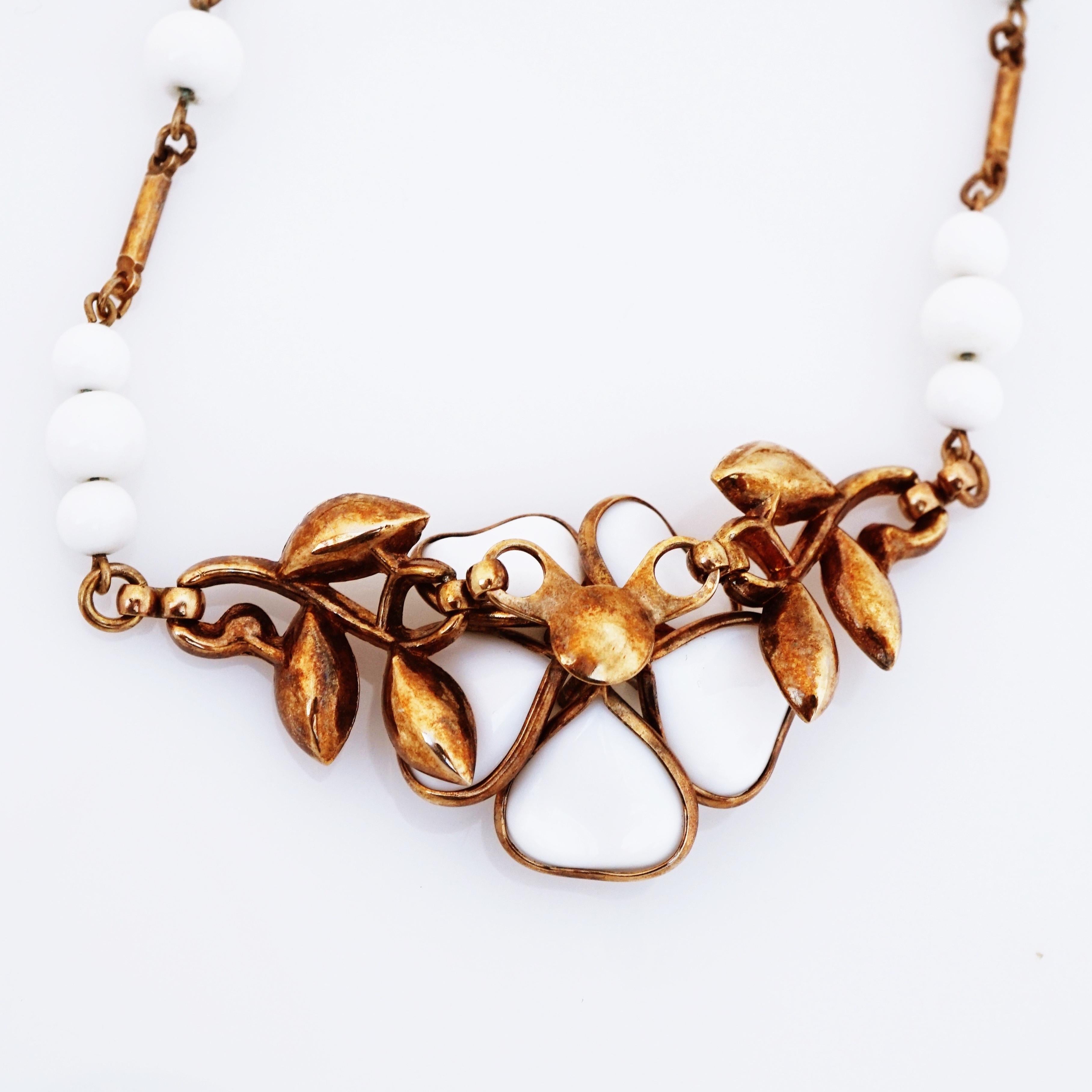 Modern Poured Milk Glass Magnolia Flower Choker Necklace By Crown Trifari, 1950s