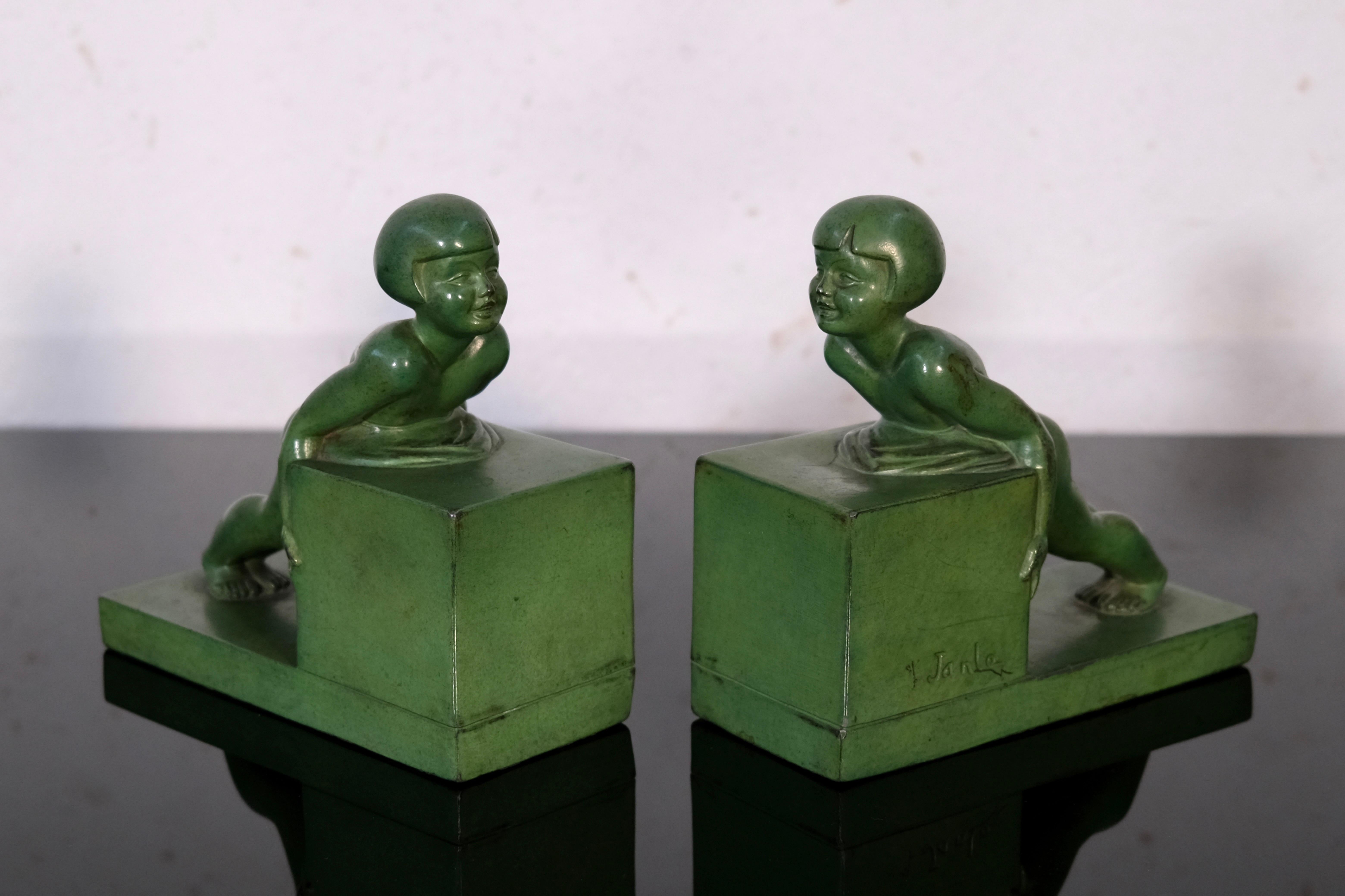 French POUSSEE Vintage Art Deco Bookends by Janle for Max Le Verrier, France 1930 For Sale