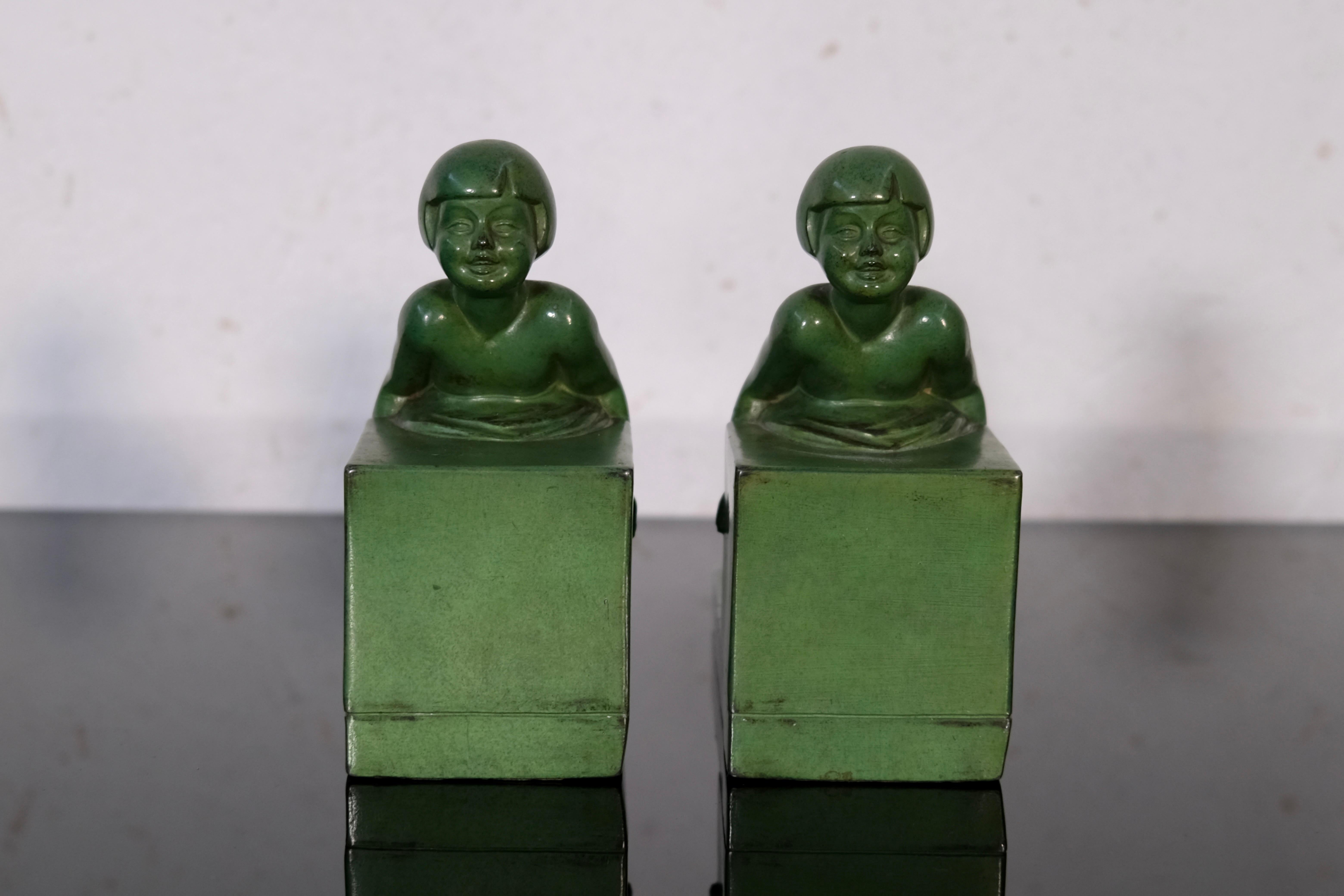 Patinated POUSSEE Vintage Art Deco Bookends by Janle for Max Le Verrier, France 1930 For Sale