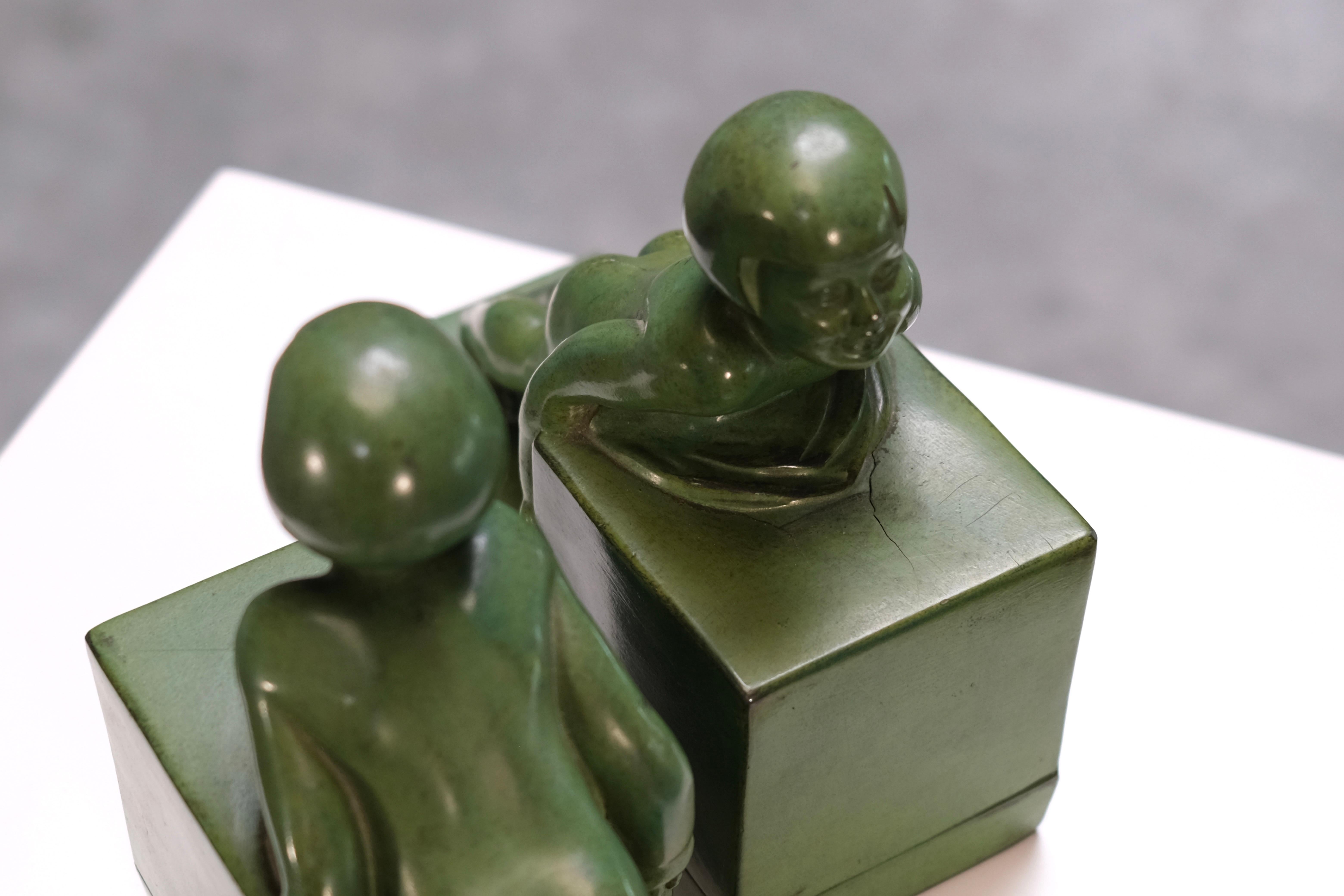 French Art Deco Bookends POUSSÉE by Janle for Max Le Verrier, France, 1930s In Good Condition In Ulm, DE
