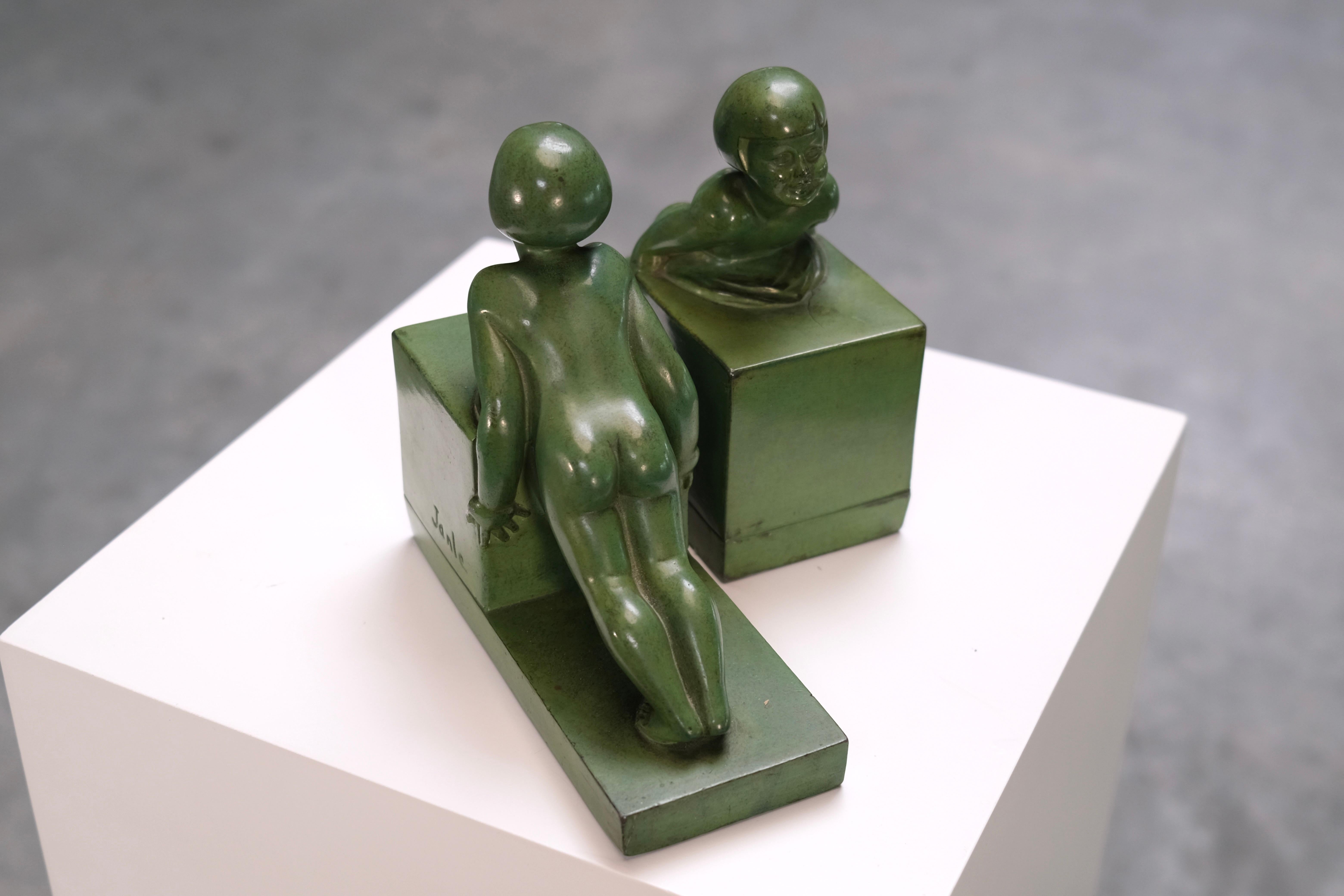 20th Century French Art Deco Bookends POUSSÉE by Janle for Max Le Verrier, France, 1930s