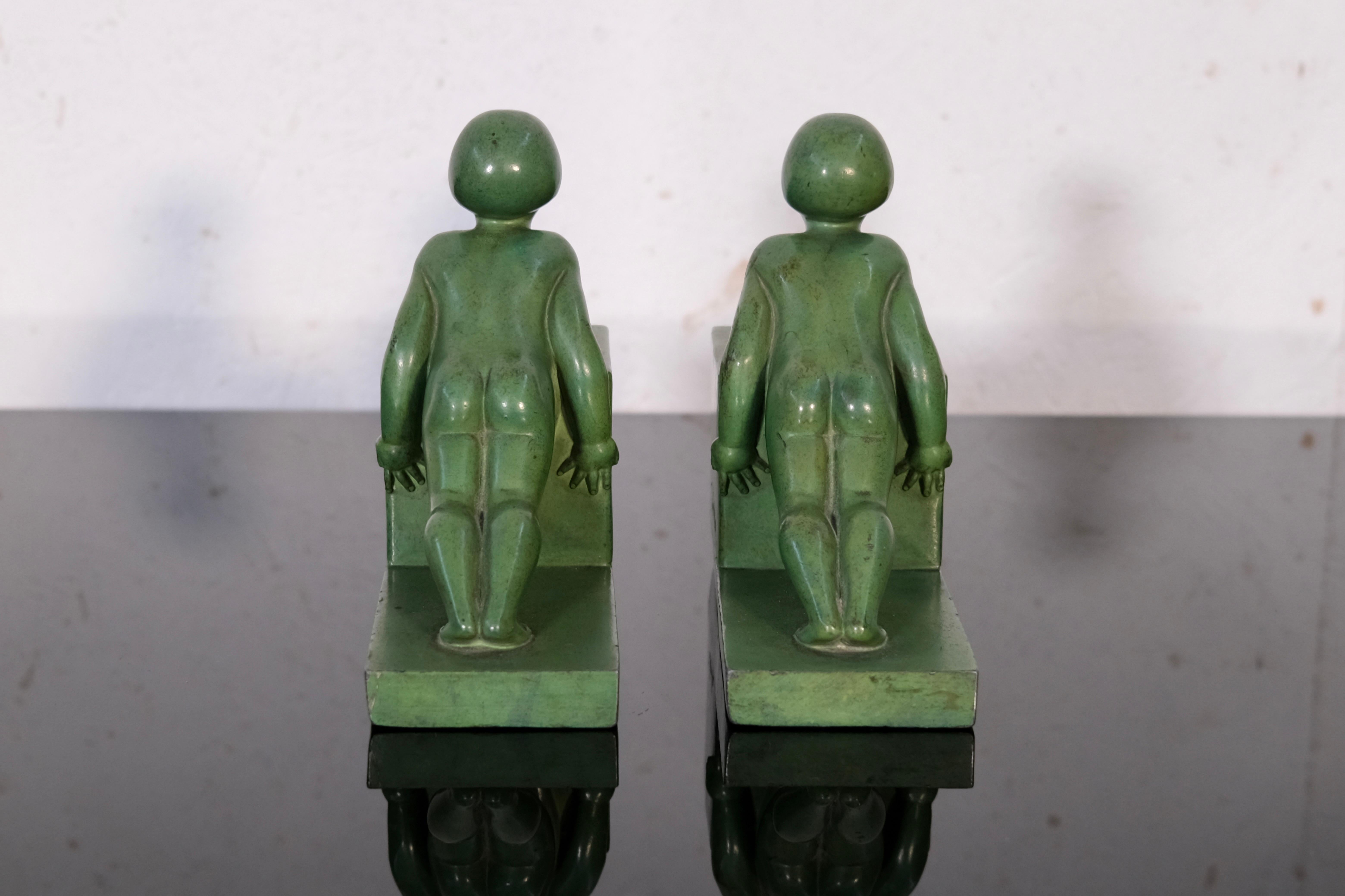 Spelter POUSSEE Vintage Art Deco Bookends by Janle for Max Le Verrier, France 1930 For Sale