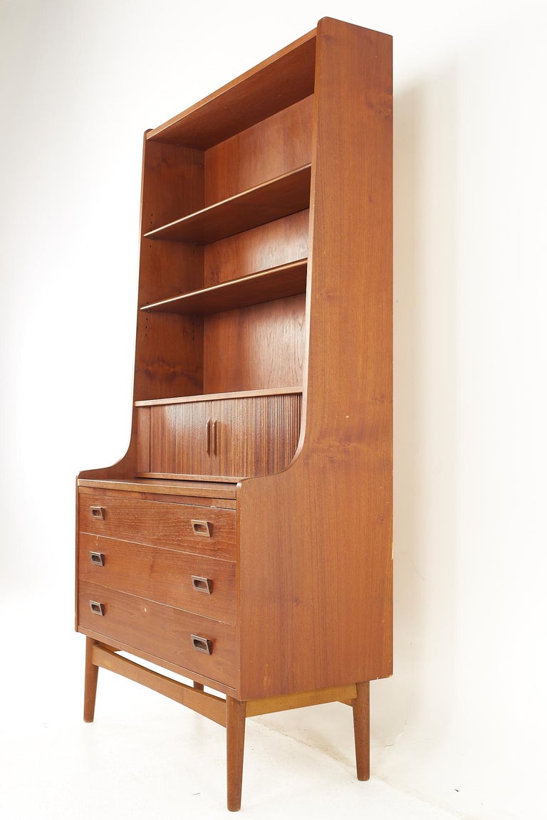 Povl Dinesen MCM Teak Tambour Door Secretary Bookcase Cabinet with Drawers  For Sale at 1stDibs