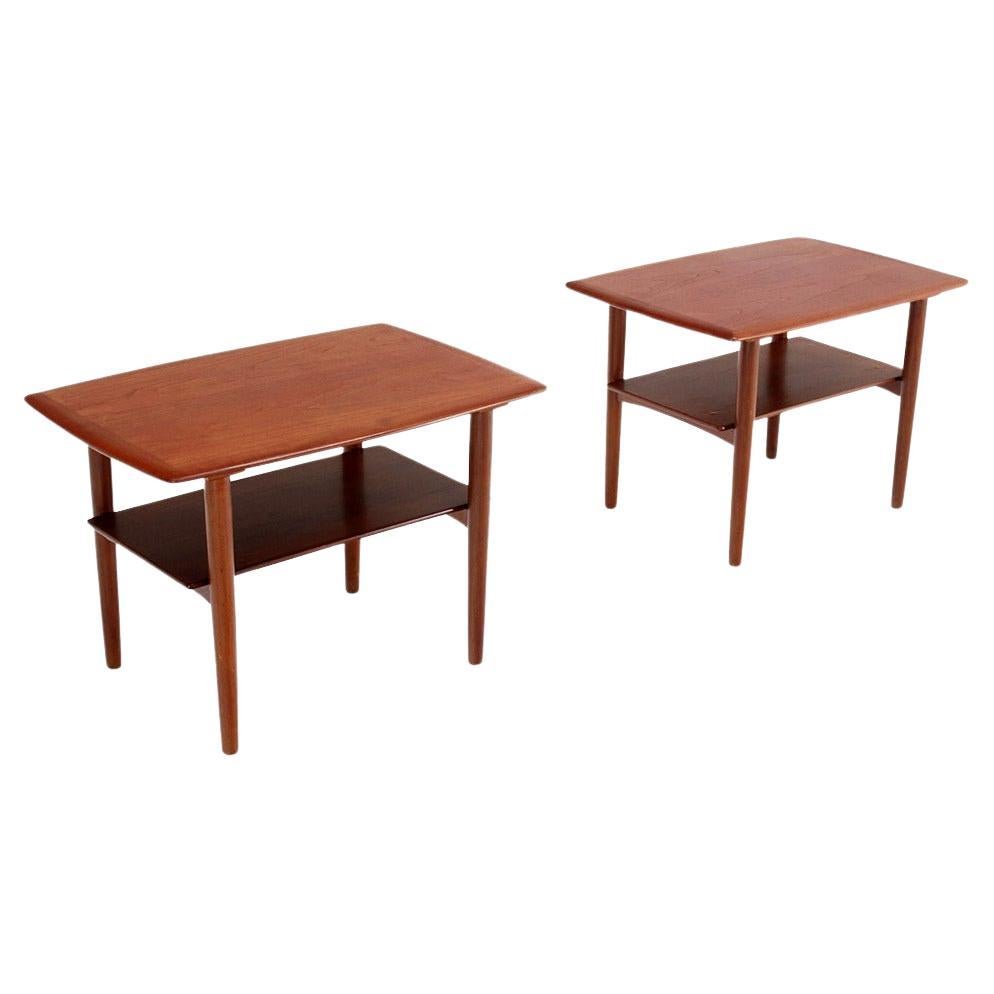 Povl Dinesen Pair Danish Modern Teak End Tables Solid Tapered Dowel legs 1 Shelf For Sale