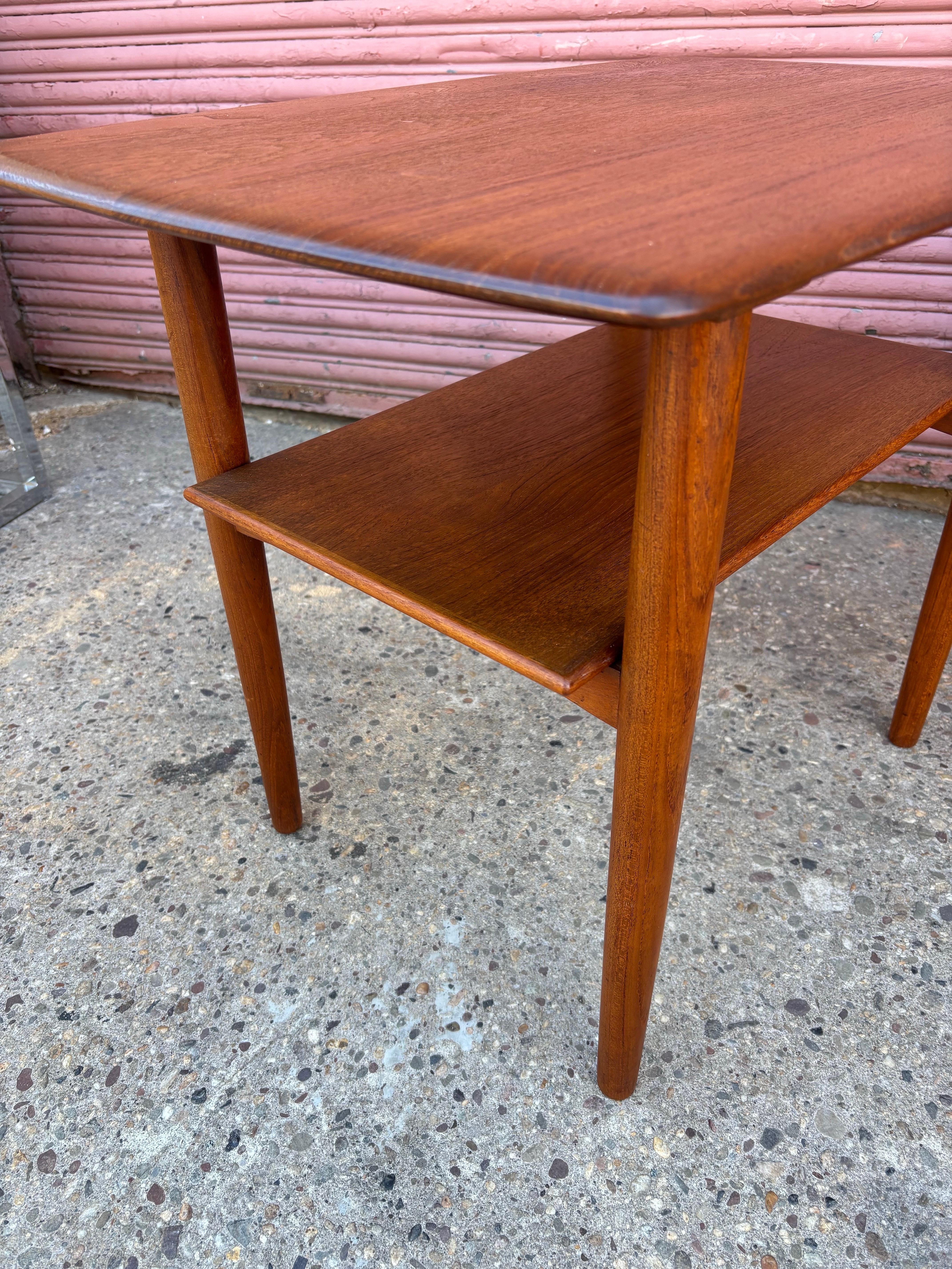 Scandinavian Modern Povl Dinesen Pair Solid Teak Two Tier End Tables For Sale