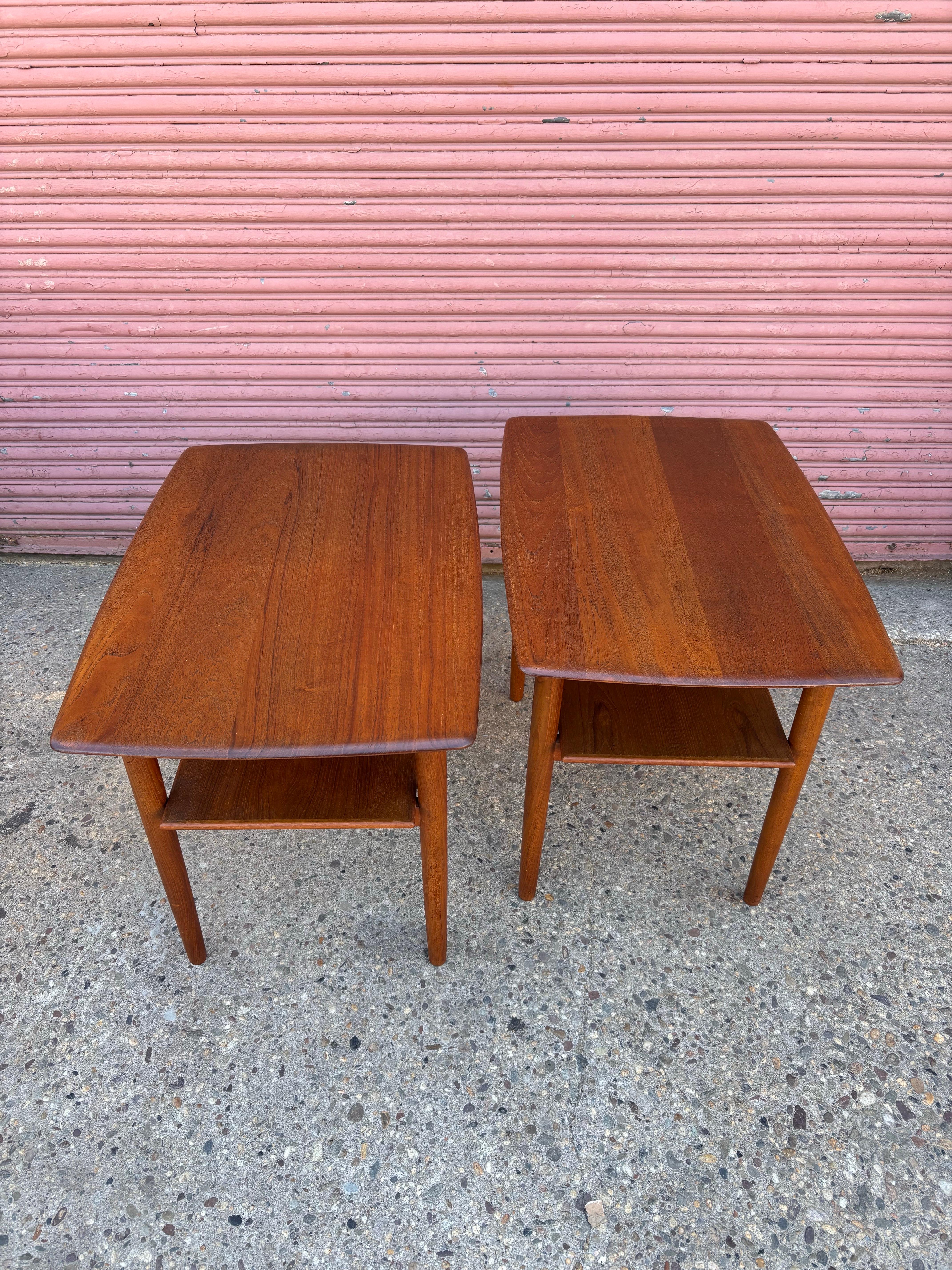 Mid-20th Century Povl Dinesen Pair Solid Teak Two Tier End Tables For Sale