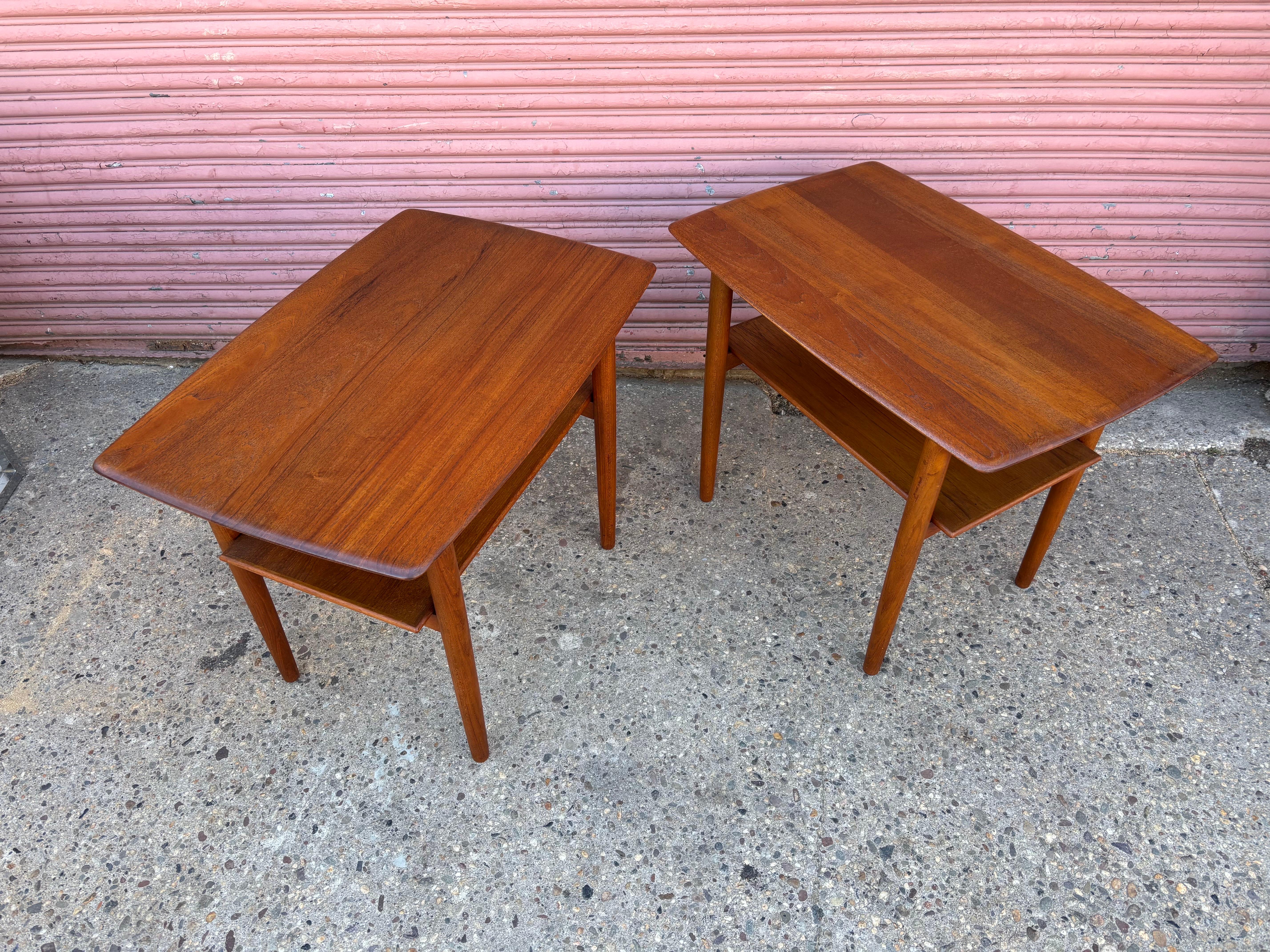 Povl Dinesen Pair Solid Teak Two Tier End Tables For Sale 1