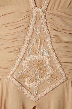 Powder beige silk chiffon cocktail dress with  embroidery Circa 1960