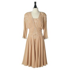 Powder beige silk chiffon cocktail dress with  embroidery Circa 1960