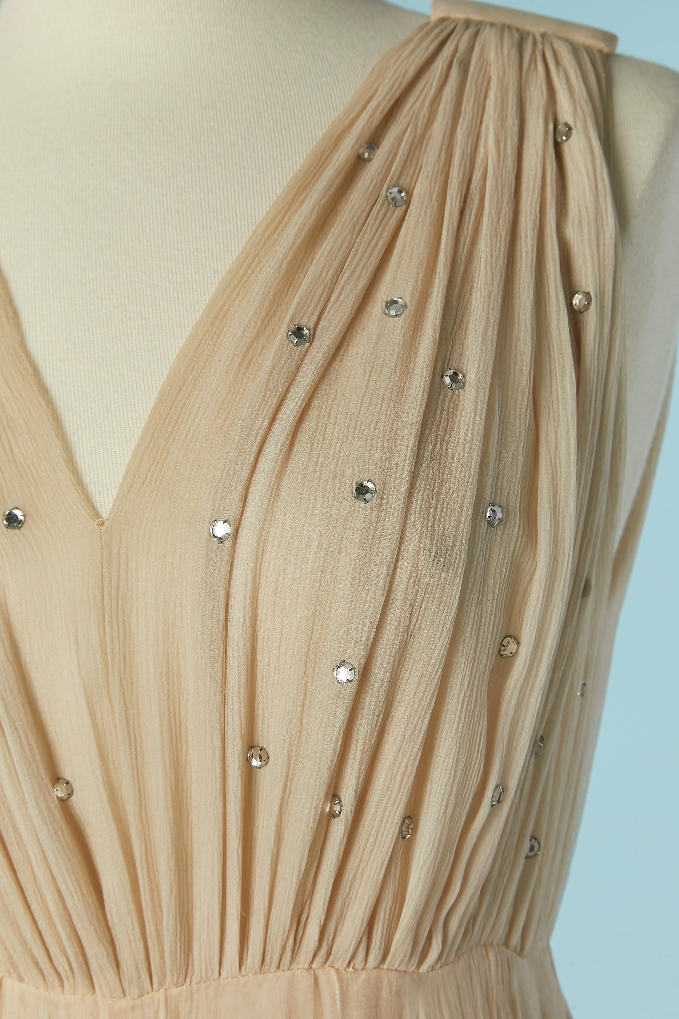 Beige Powder beige silk chiffon evening dress with rhinestone embellishment