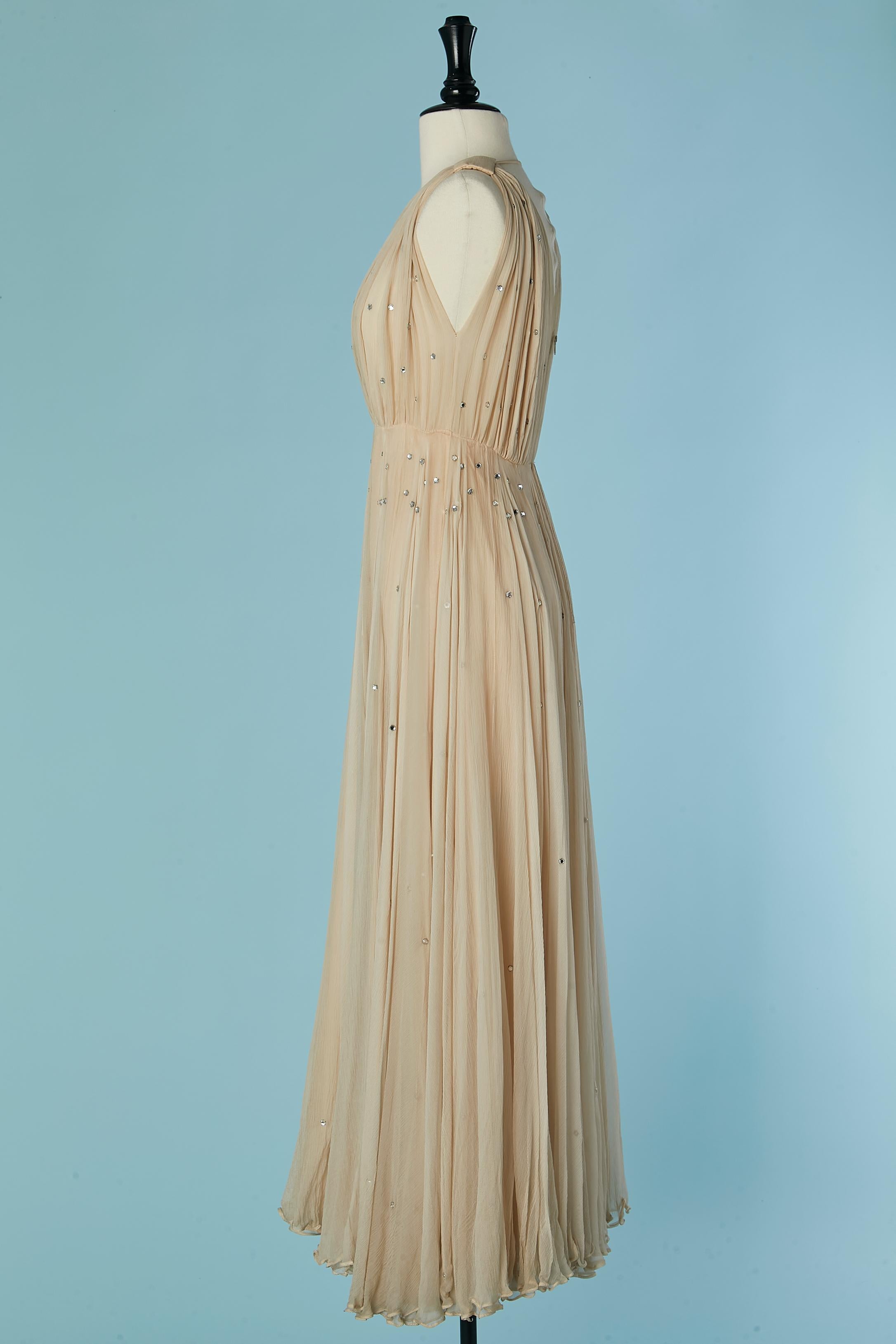 Women's Powder beige silk chiffon evening dress with rhinestone embellishment