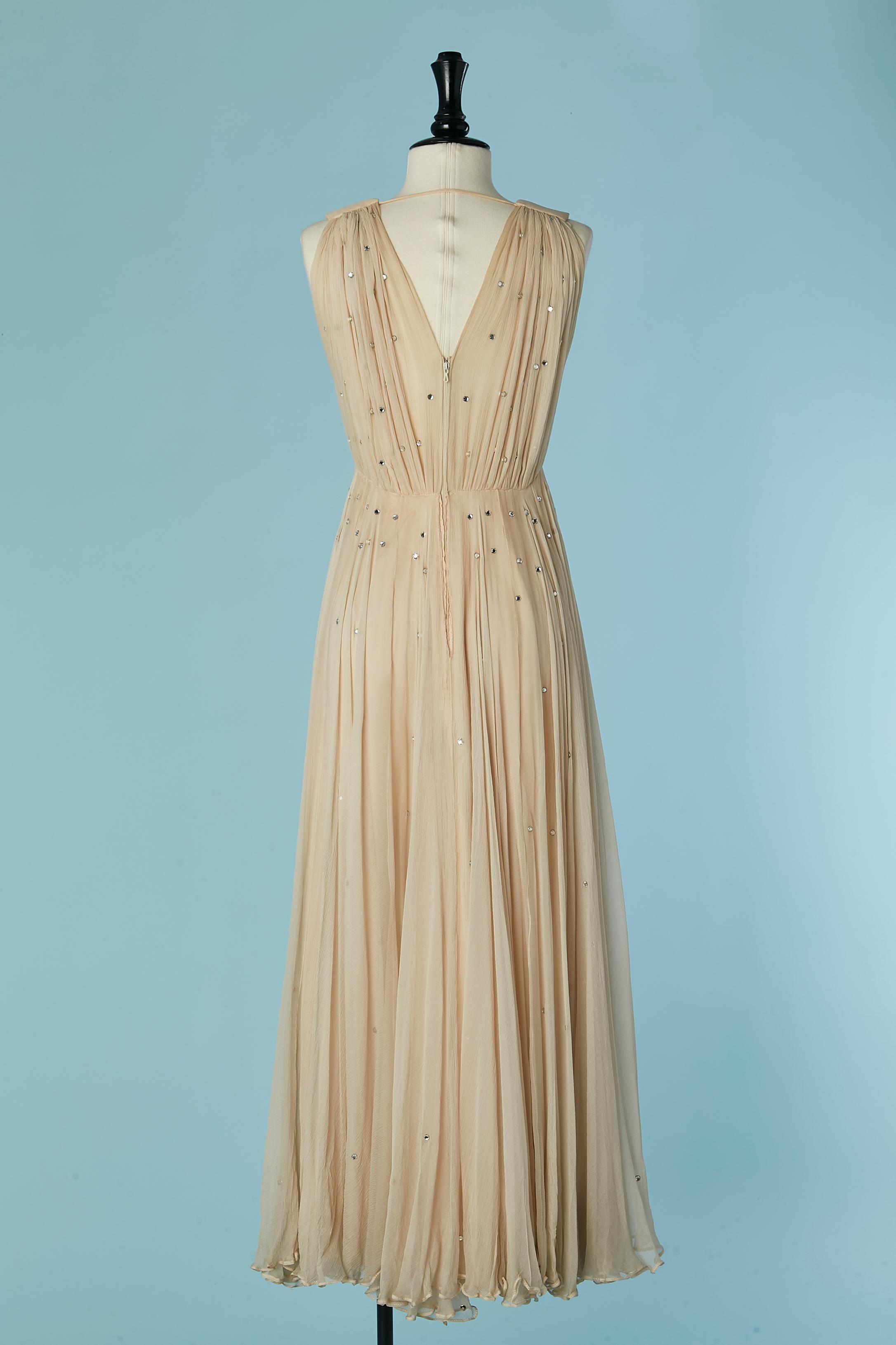 Powder beige silk chiffon evening dress with rhinestone embellishment 1