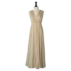 Powder beige silk chiffon evening dress with rhinestone embellishment