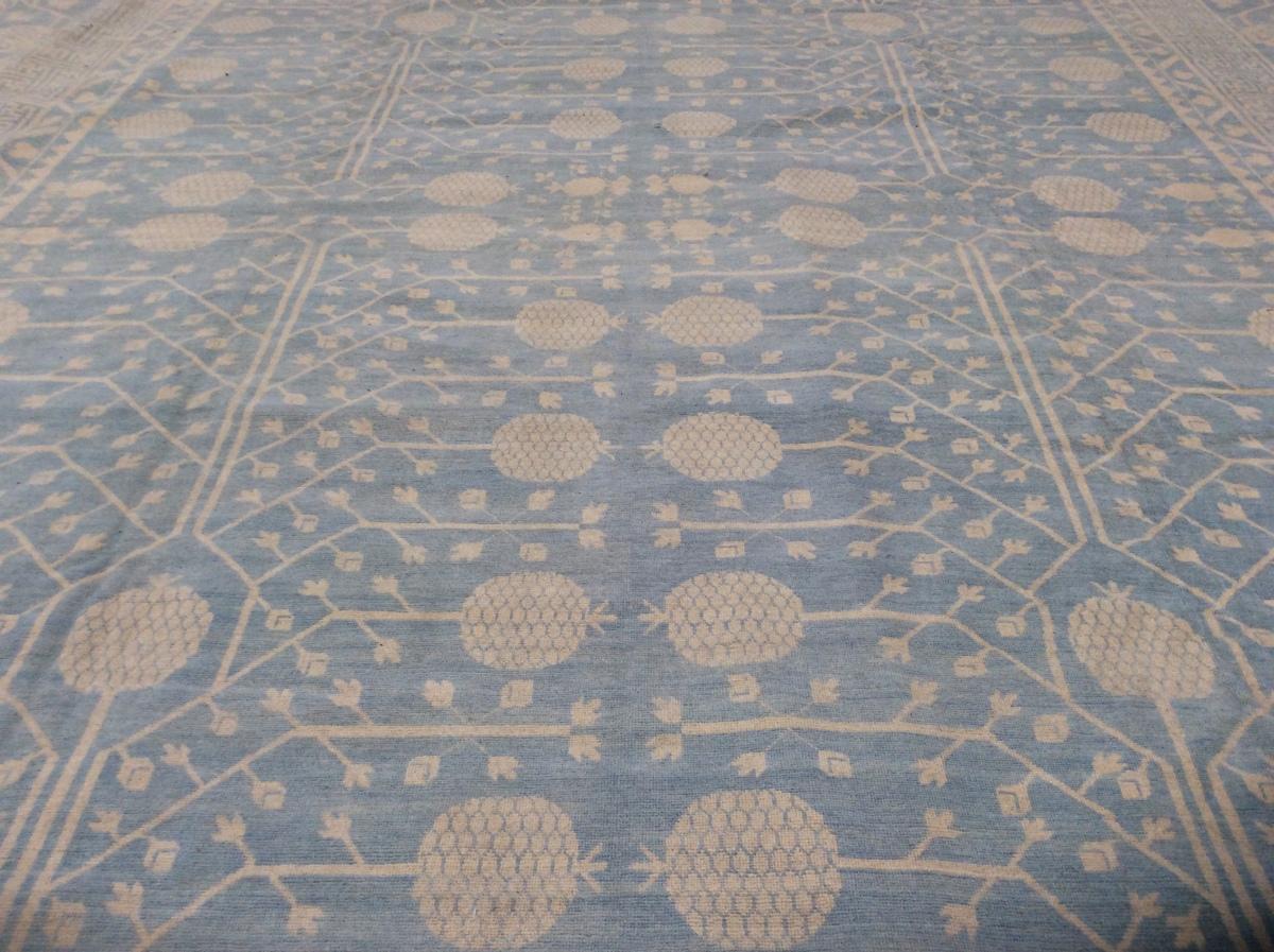 Hand-Knotted Powder Blue and Beige Khotan Rug with Pomegranate Design For Sale