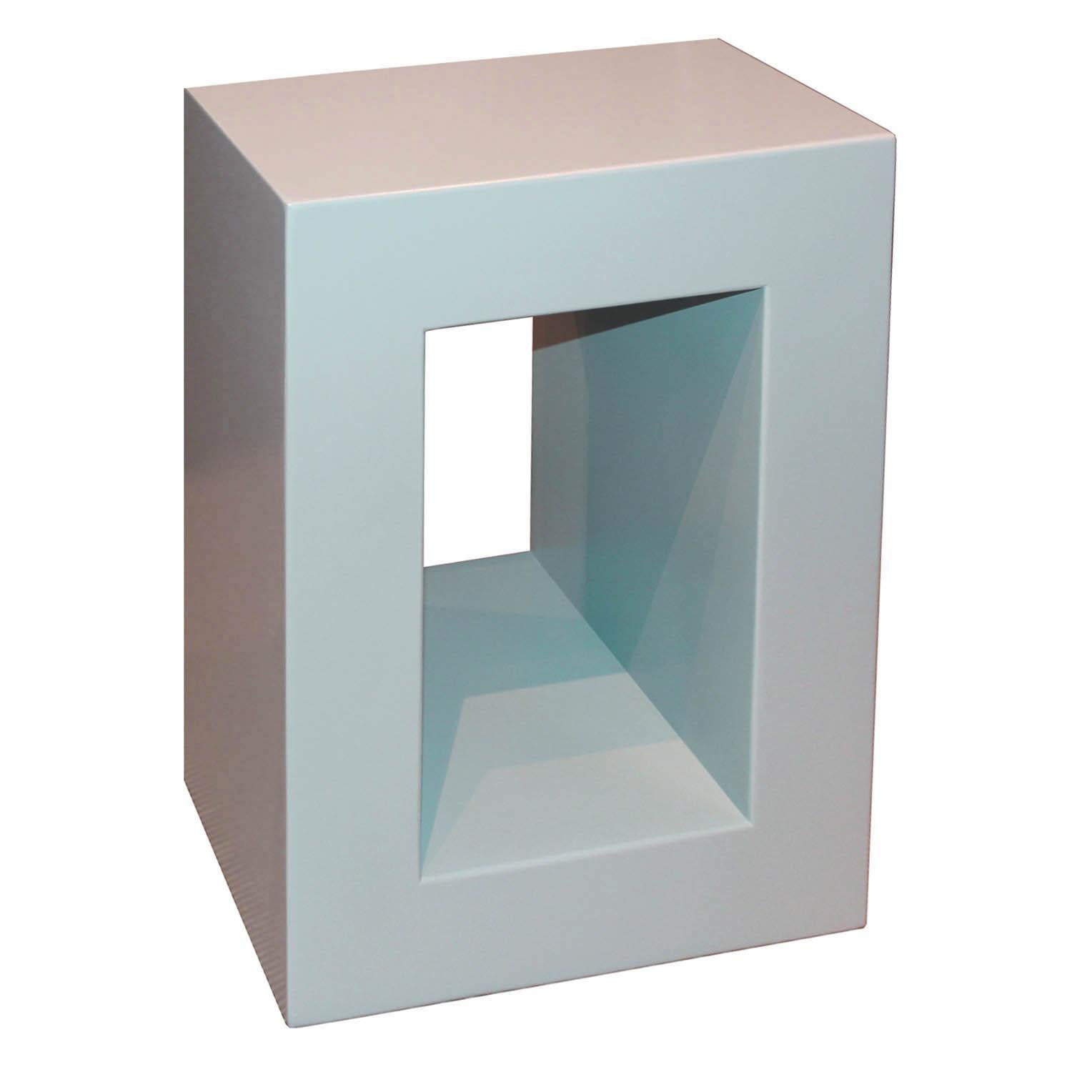 Versatile powder blue lacquer open side table. Use as a side or coffee table horizontally or vertically.