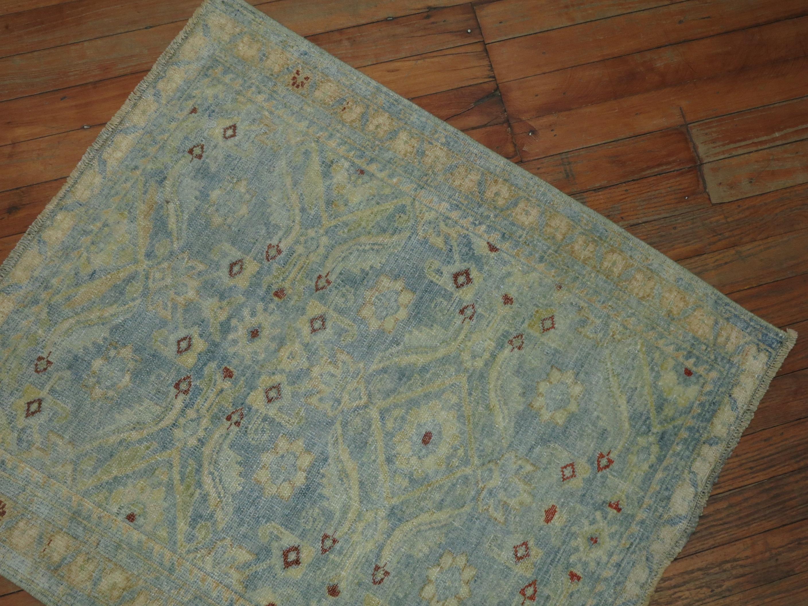 Hand-Knotted Powder Blue Persian Malayer Square Mini Rug For Sale
