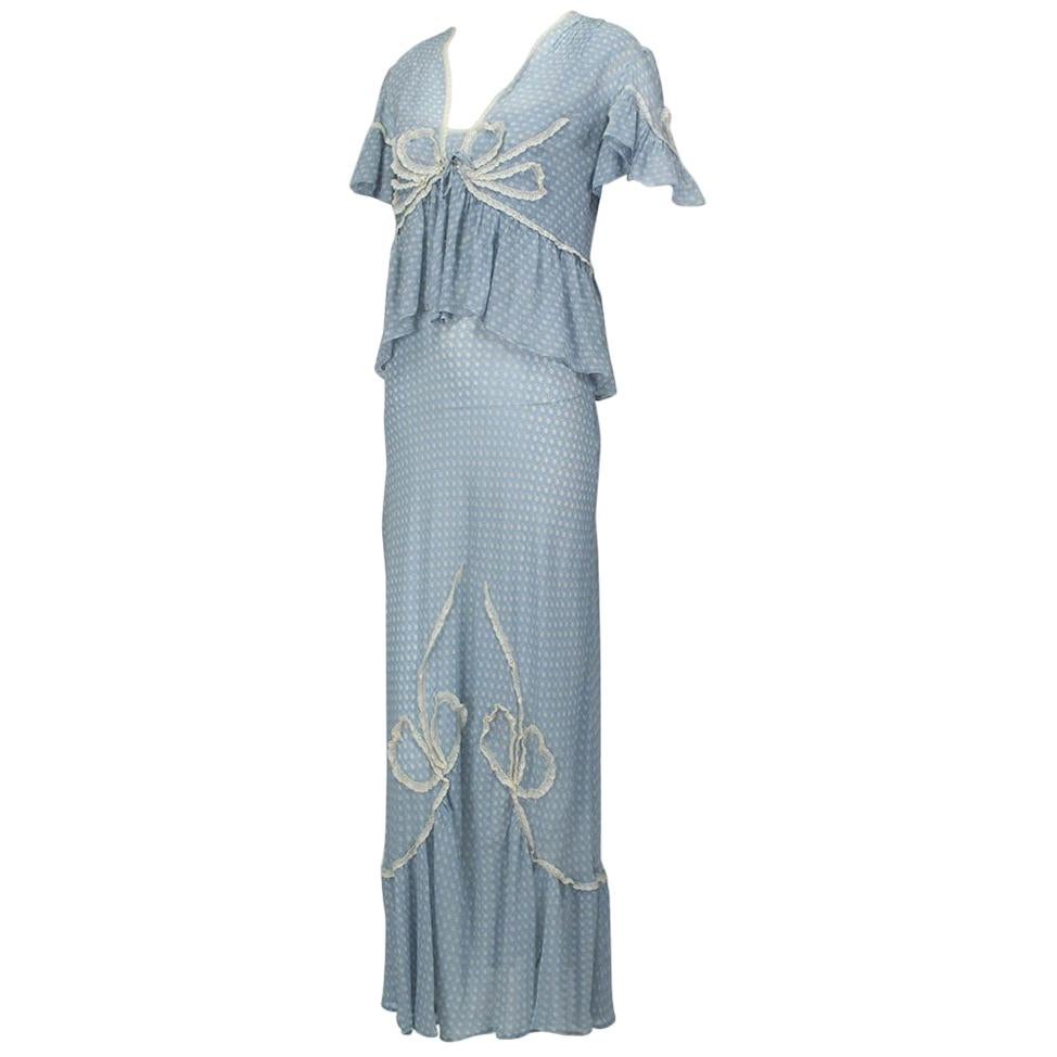 Powder Blue Printed Chiffon Regency Peignoir Dressing Gown, Italy - S-M, 1930s