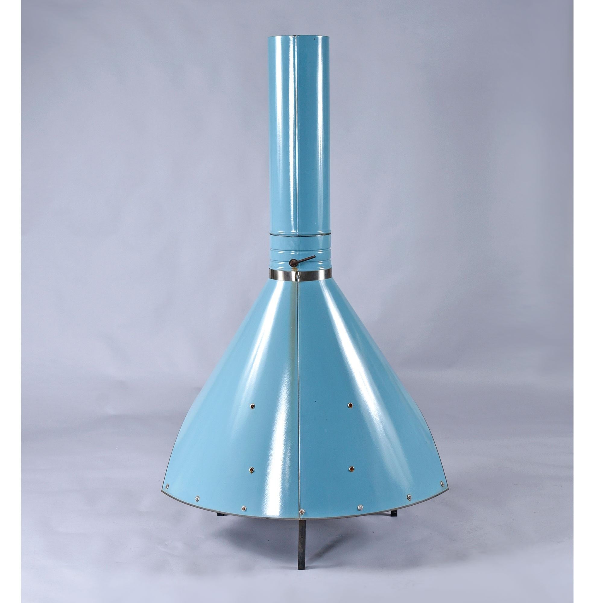 Enamel Powder Blue Wood Burning Preway Style Fireplace with Spark Screen and Log Holder For Sale