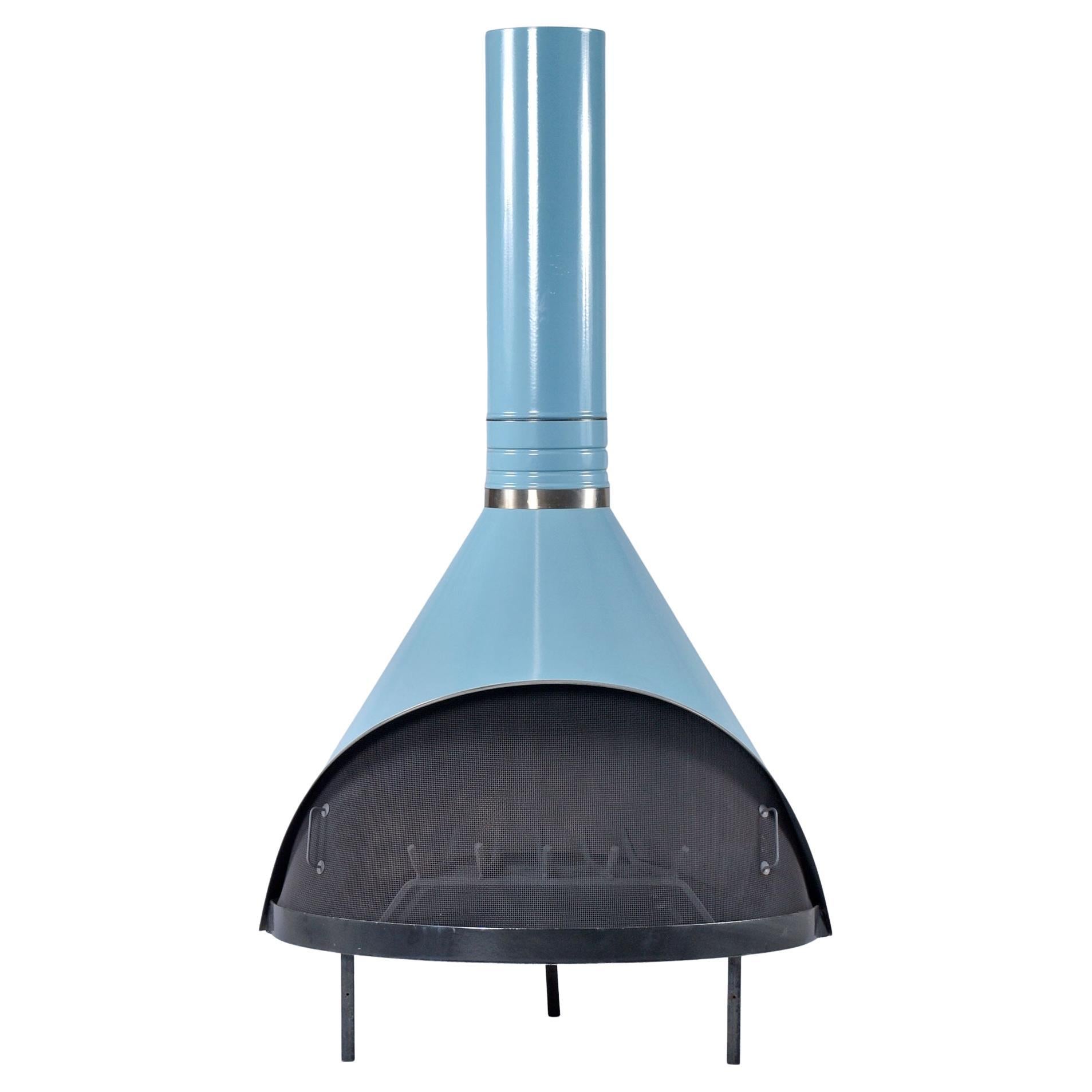 Powder Blue Wood Burning Preway Style Fireplace with Spark Screen and Log Holder For Sale