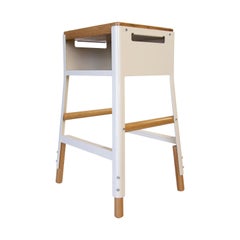 Powder Coated Steel and White Oak Stool with Cubby, Counter, Oyster White