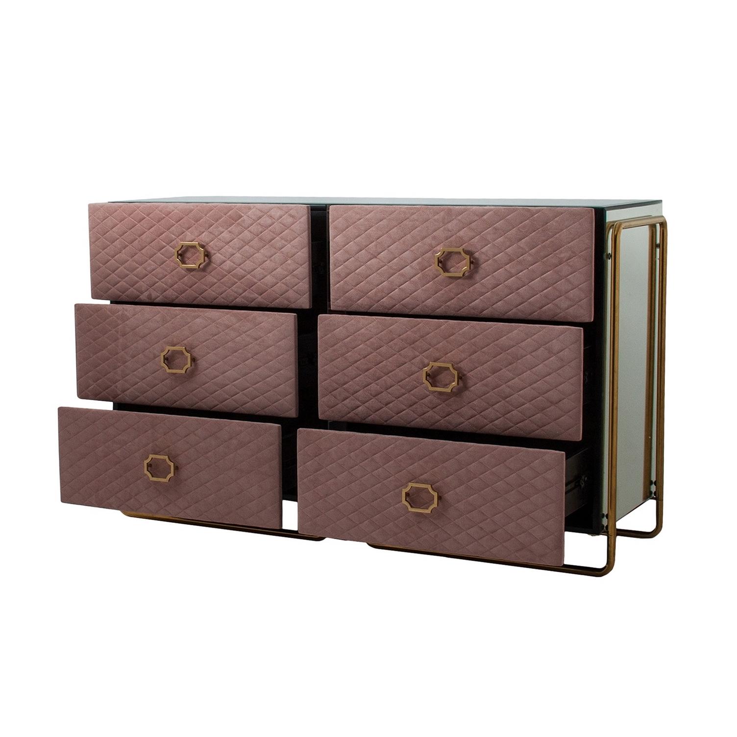 Mirrored and gilded metal finish with powdery pink fabric large chest of drawers.