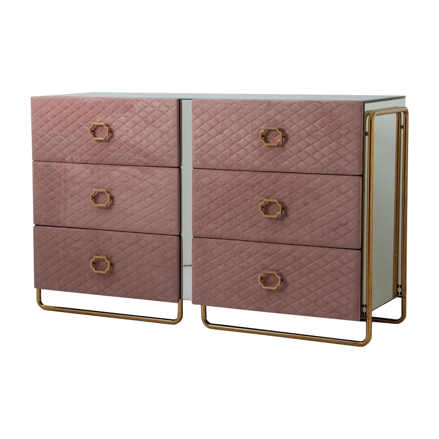 Powdery Pink Gilded Metal And Mirror Chest of Drawers For Sale