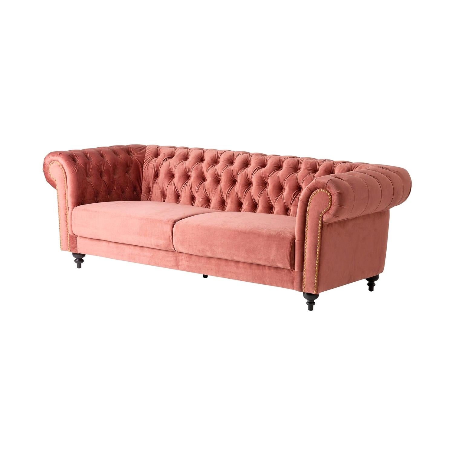 Powdery Pink Fabric and Black Wooden Feet Padded Chesterfield Sofa