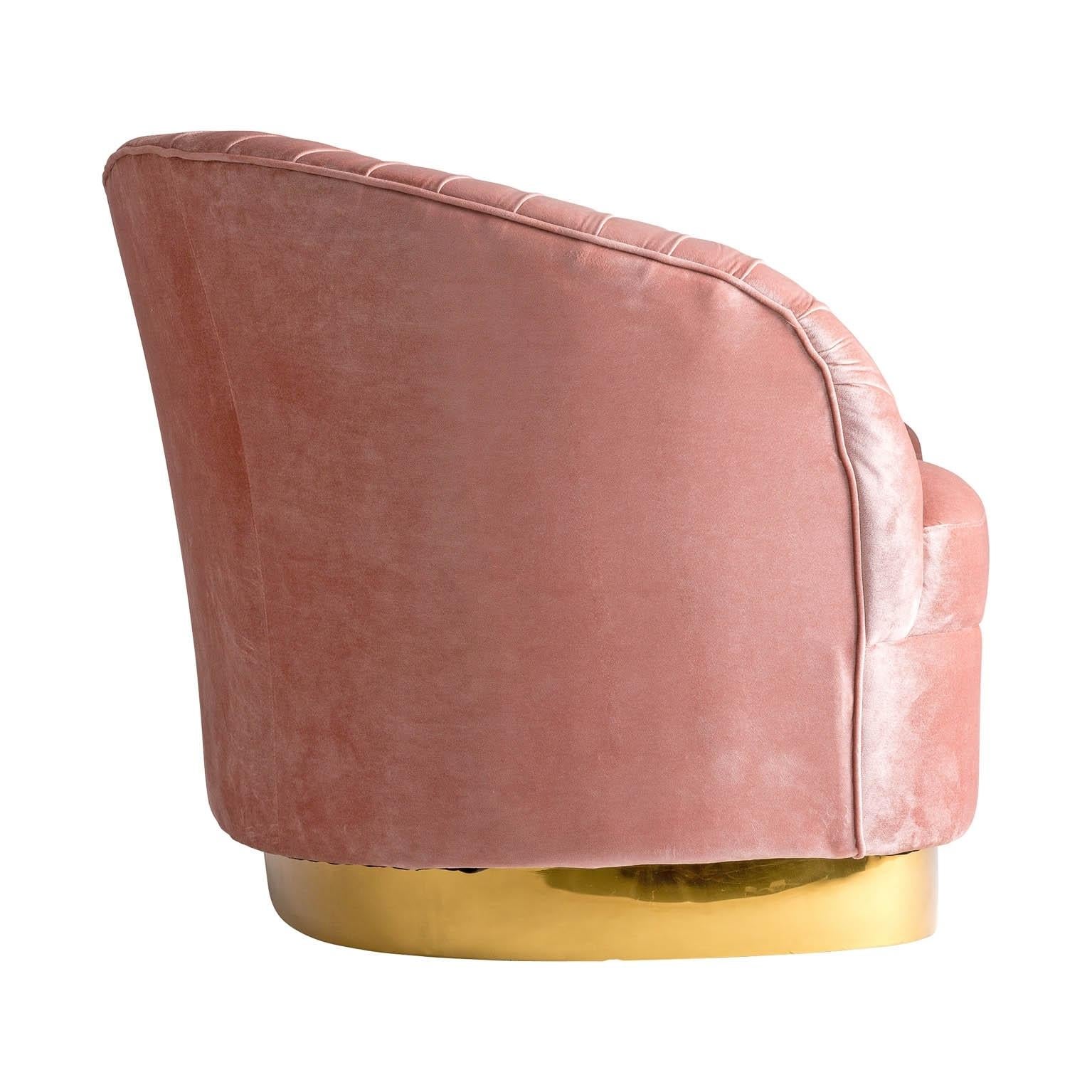 Golden foot and powdery pink velvet soft and comfy sofa in Art Deco style.