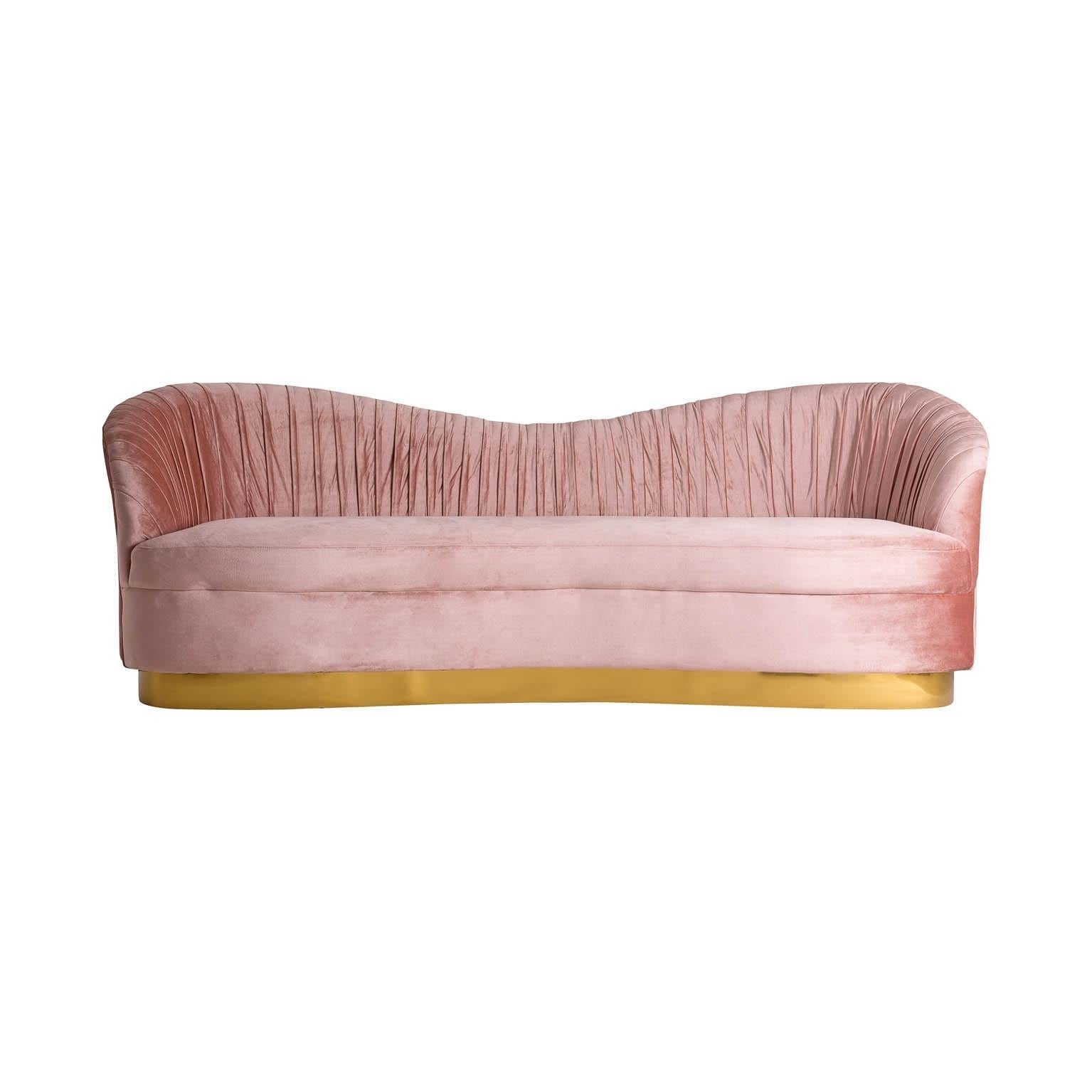 European Powdery Pink Velvet Sofa Art Deco Style