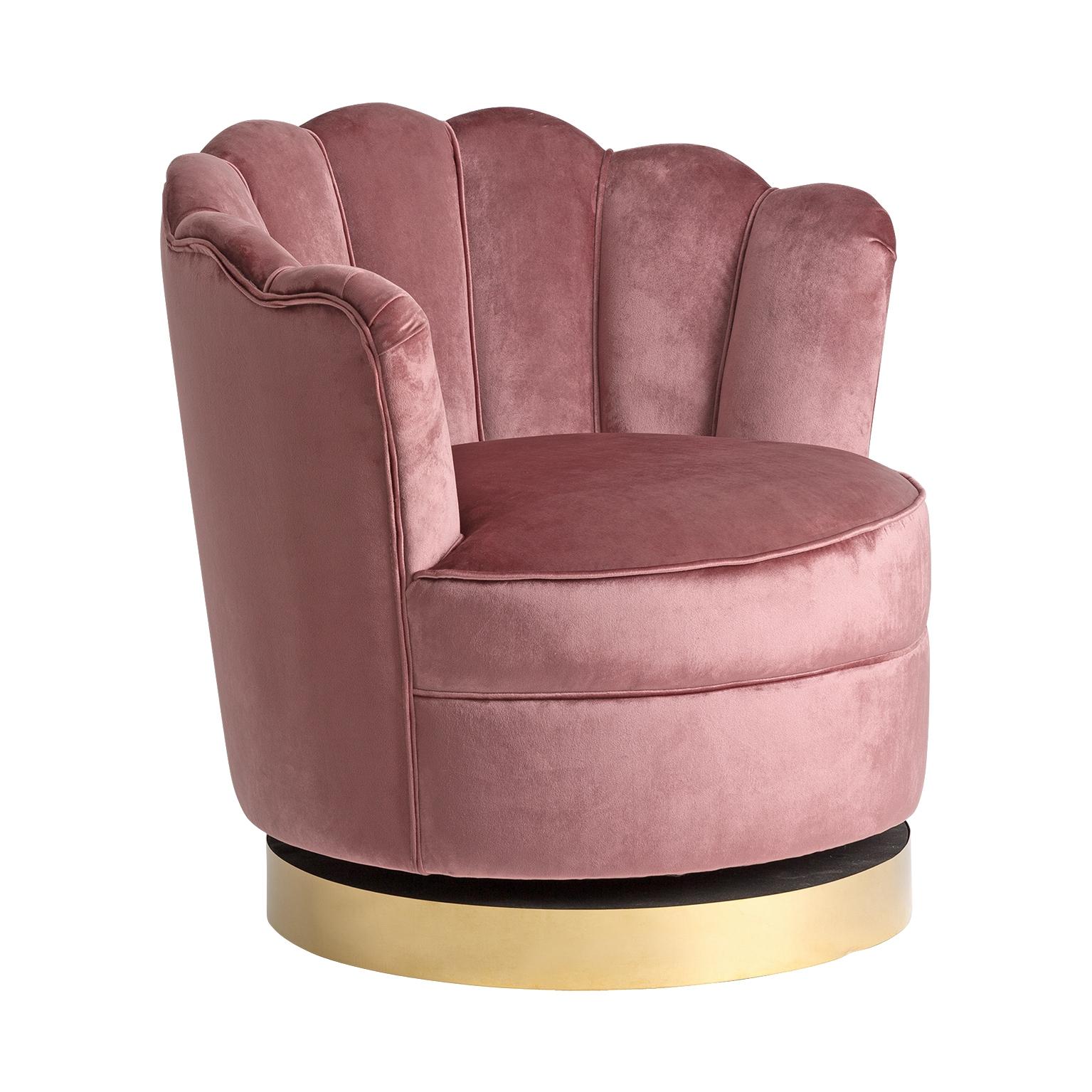 Golden round foot and powdery pink velvet swivel and lounge comfy armchair in Art Deco style.